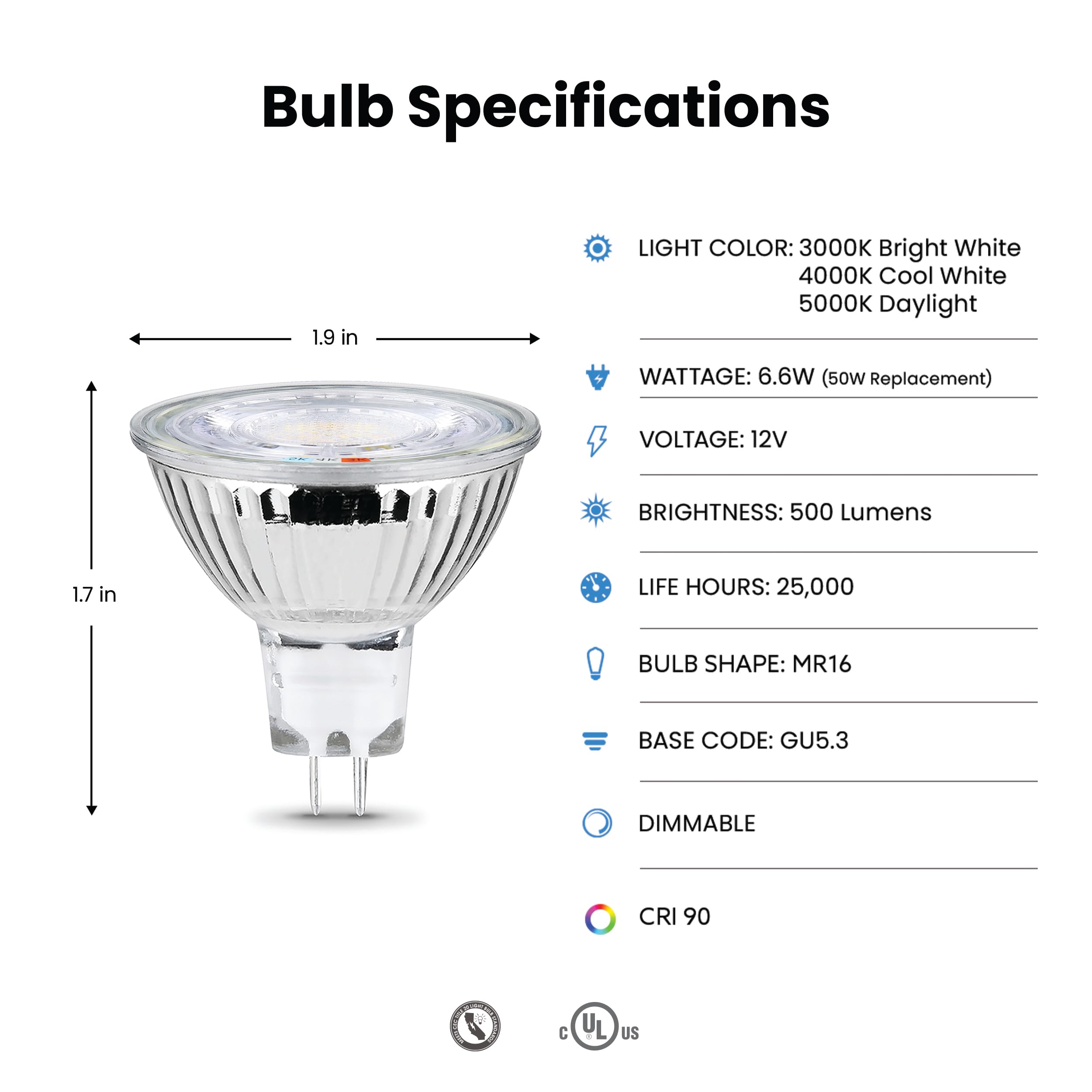 Feit Electric Mr16 Led Reflector Light Bulb, 50W Equivalent, Dimmable, Gu5.3 Base, 90+ Cri, 500 Lumen, Adjustable Color Track Li