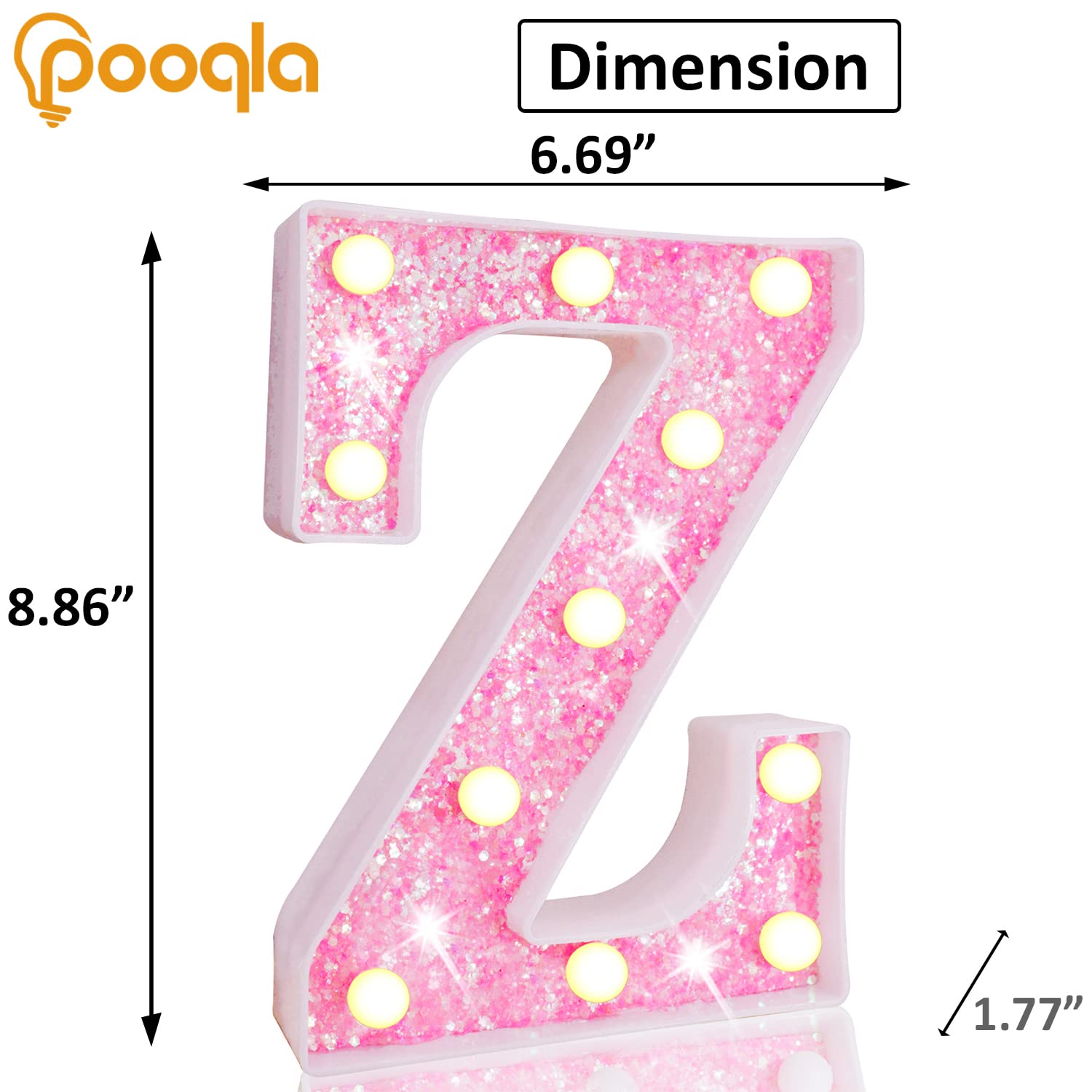 Pooqla LED Marquee Letter Lights, Pink Glitter Alphabet Sign, Battery Powered Night Light for Parties and Decorations, Sequin Pink, Letter Z