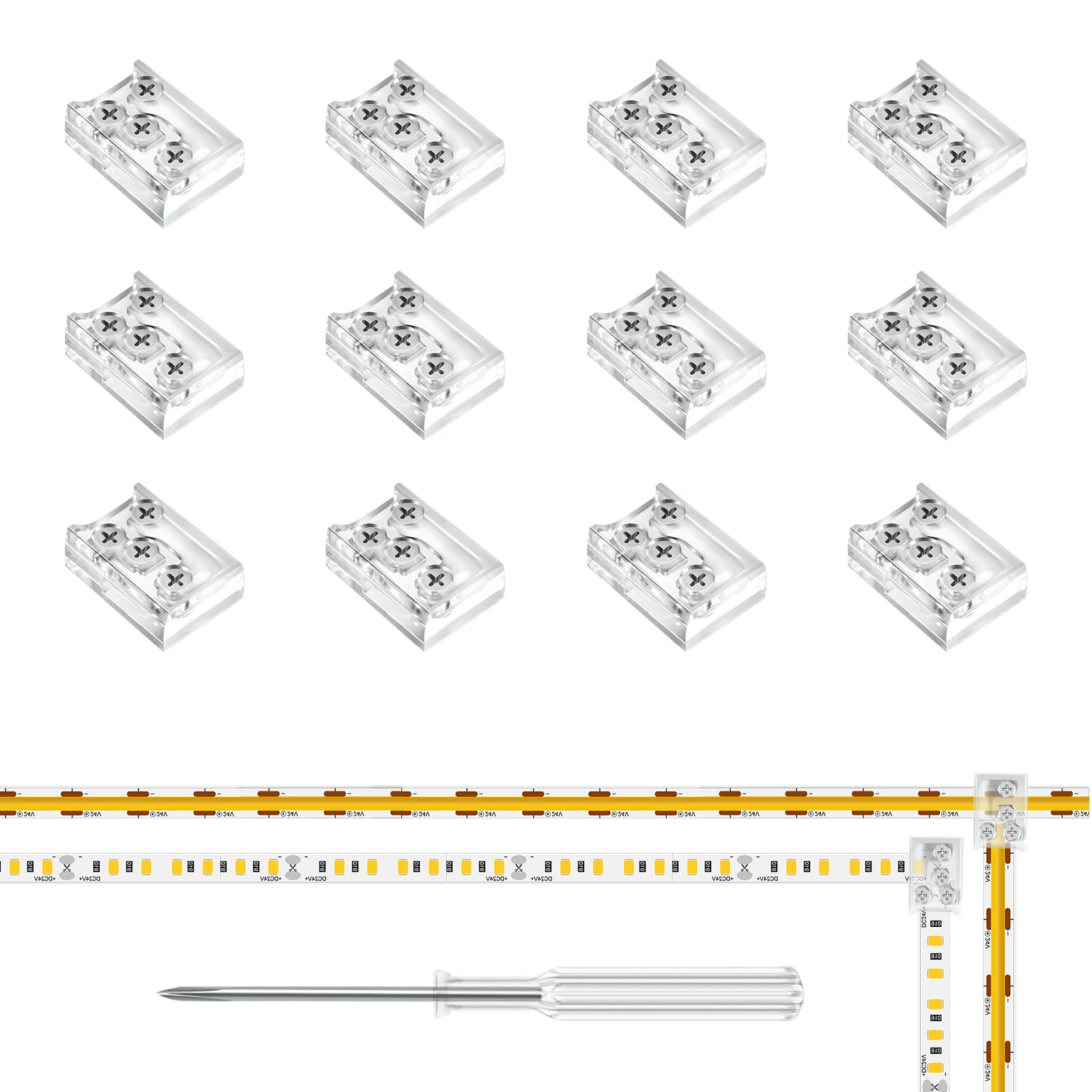SVIANG 12Pack 2pin 10mm Led Band Corner Connectors Solderless Transparency T L Shape LED Tape Lights Connector for COB/SMD Single Color LED Band Lights 5V-36V