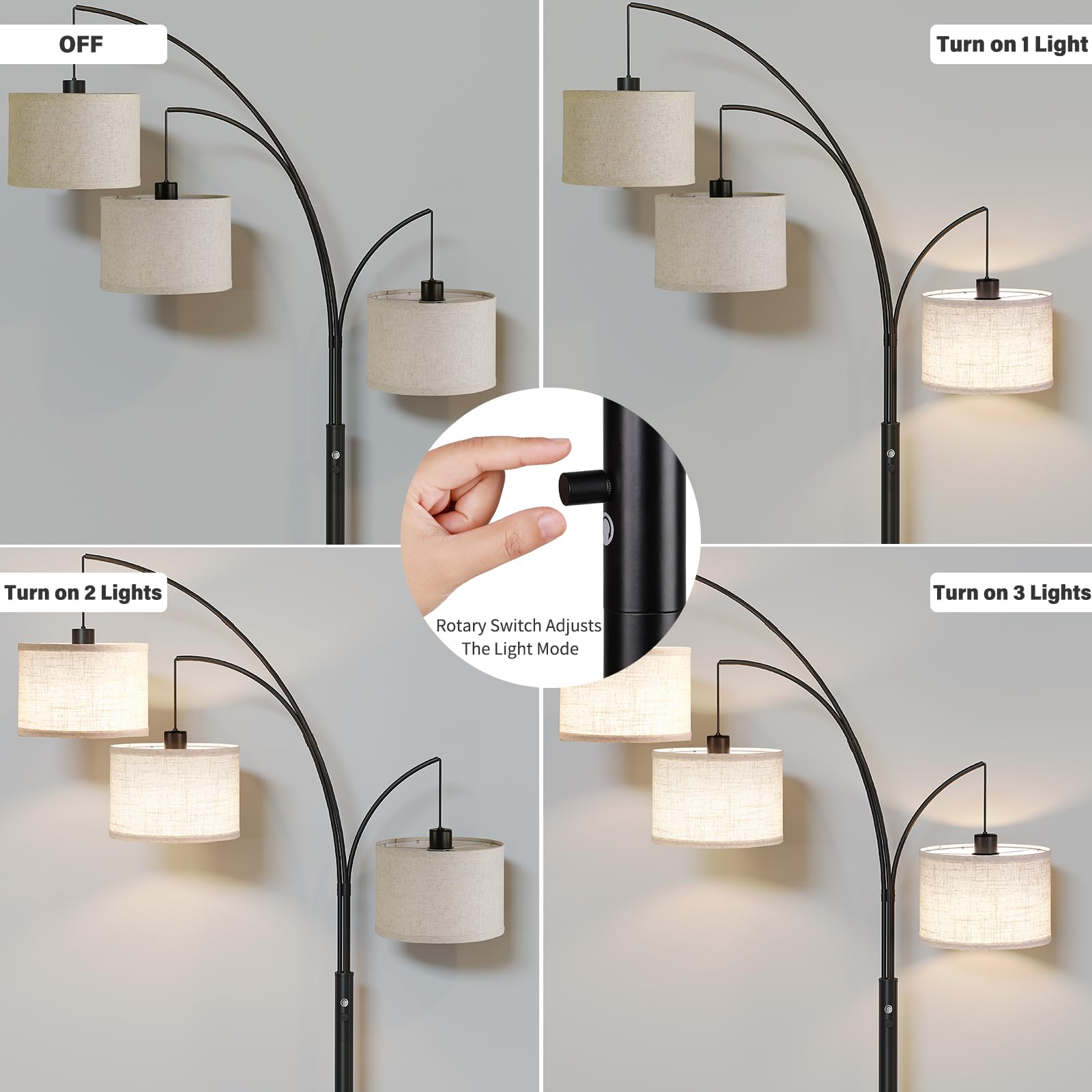 SUNMORY 3 Lights Floor Lamp, 78" Tall Metal Arc Lamp, Black with Drum Shade, Mid Century Design for Living Room, Bedroom, Office
