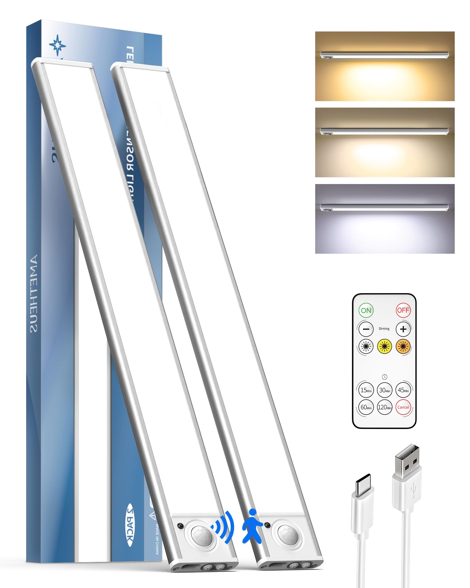 Ametheus 2Pack 16Inch Under Cabinet Lighting  Rechargeable Motion Sensor Light Wireless Indoor  Dimmable 3 Color Temps Closet Lights With Remote  Under Counter Led Lights For Kitchen  Stairs