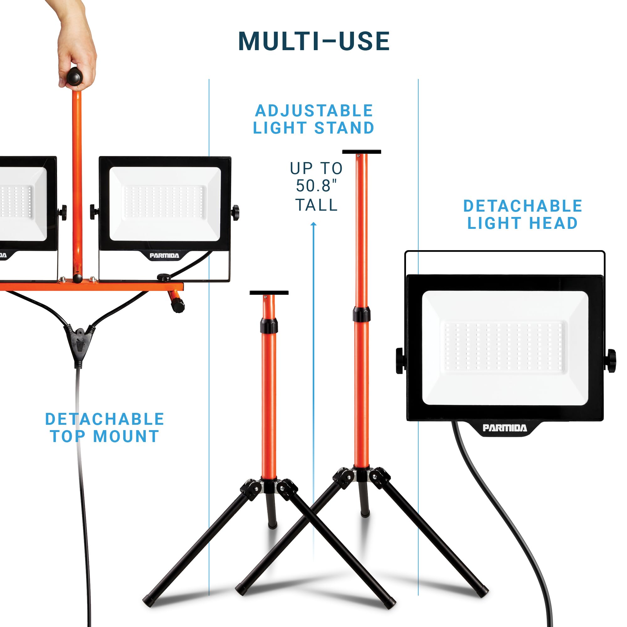 Parmida Led Dual-Head Work Light, 6Ft Adjustable Tripod Stand, 20,000 Lumen, 200W, Ul Approved Power Cord, Durable Aluminum Body