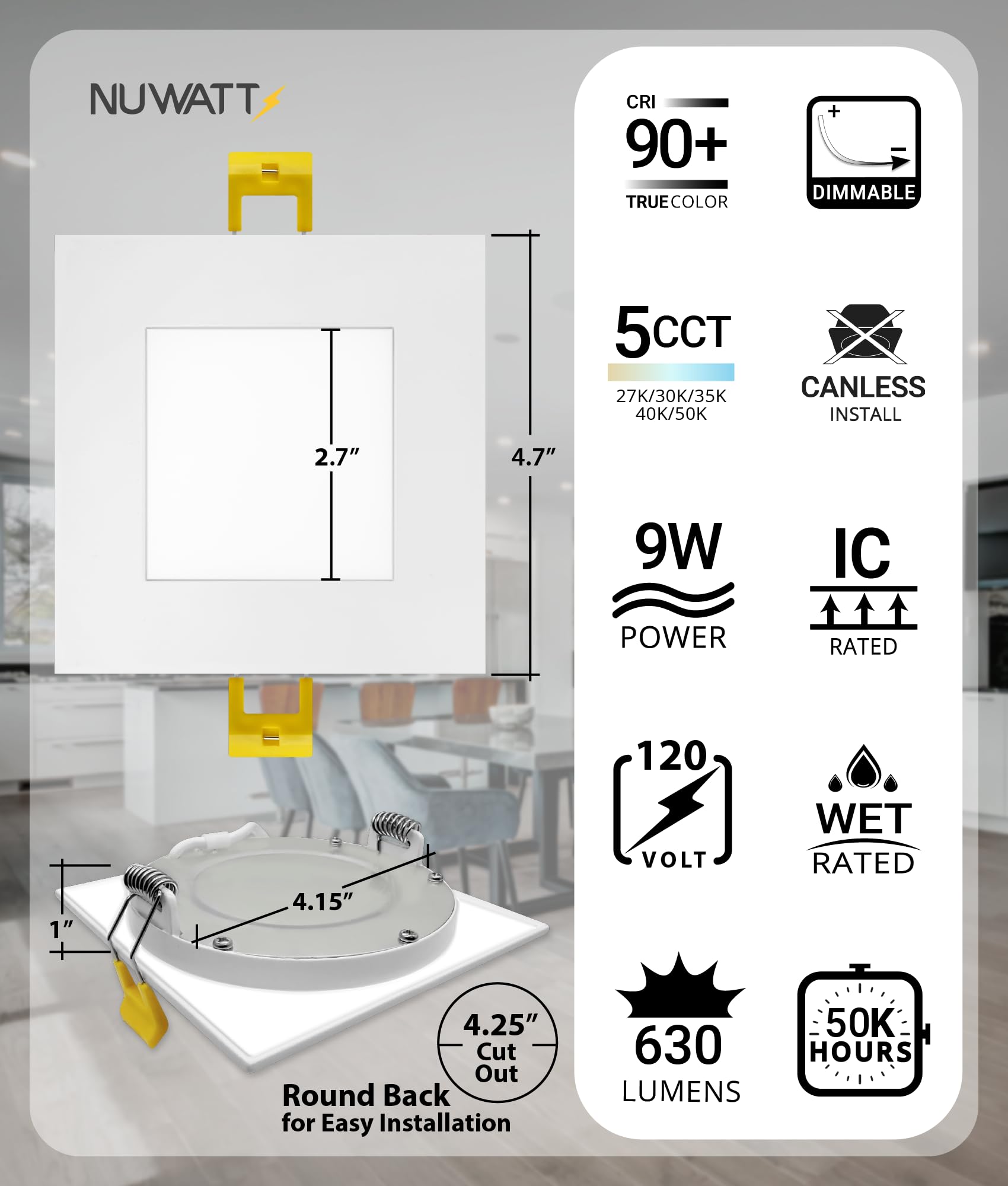 Nuwatt 12 Pack 4 Inch Led Square Recessed Lighting, 5Cct Selectable 2700K/3000K/3500K/4000K/5000K, 630 Lumens Dimmable, Ic Rated
