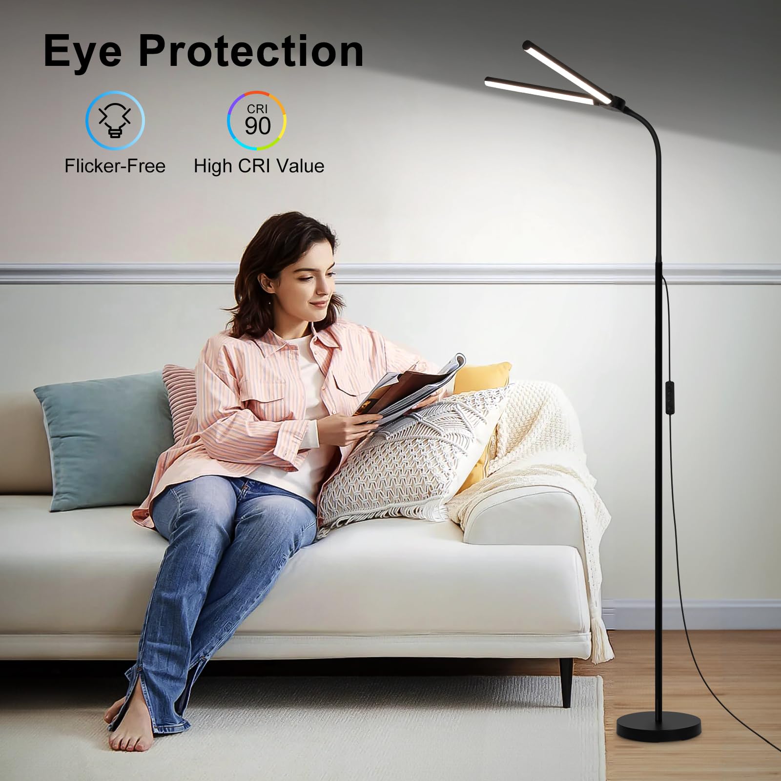 Led Floor Lamp, 15W/1800Lm Bright Reading Floor Lamp For Office With Double Head, Adjustable Gooseneck Dimmable Modern Standing