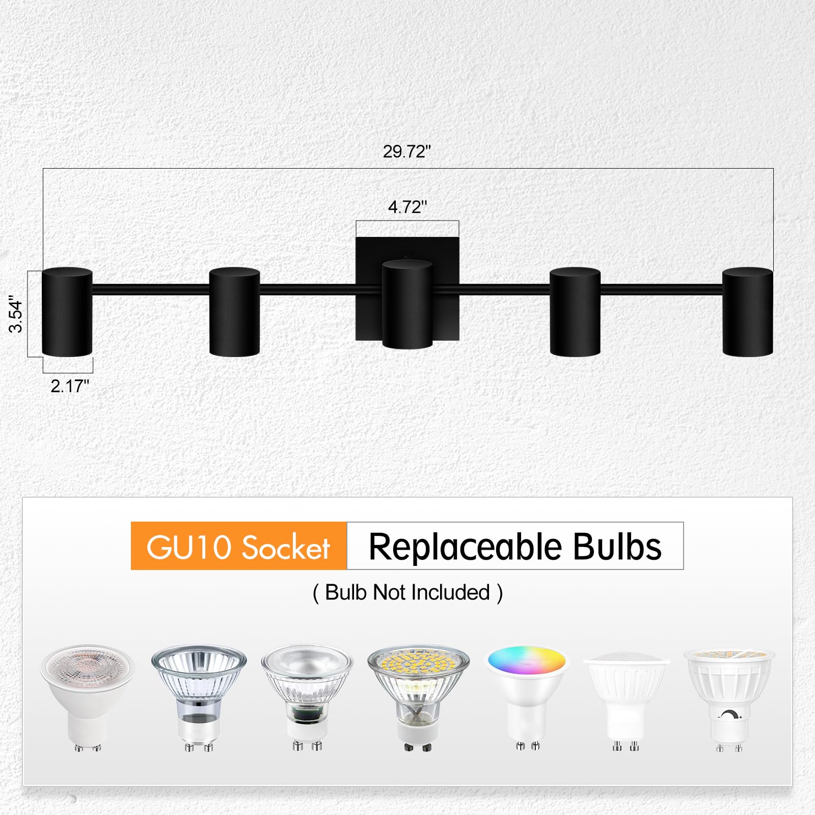 BoostArea Track Lighting Kit, 5 Light Ceiling Fixtures, Rotatable Heads, Metal, Black, Model C0551