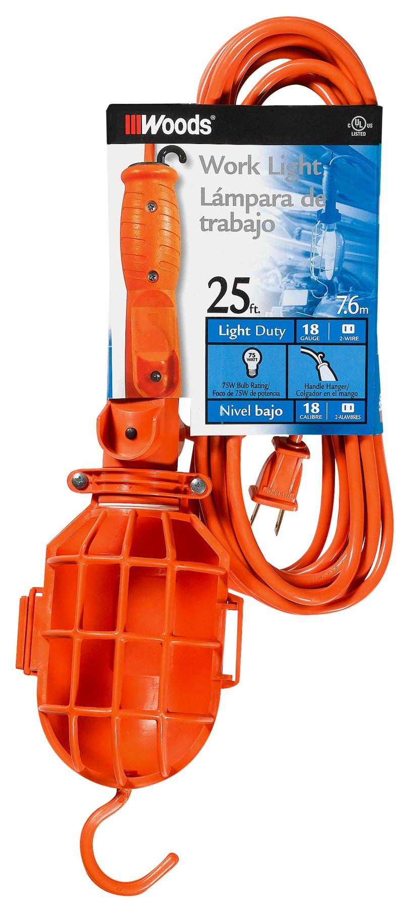 Woods 0201 18/2-Gauge Sjtw 75-Watt Trouble Light With Plastic Guard, 25-Foot, Orange