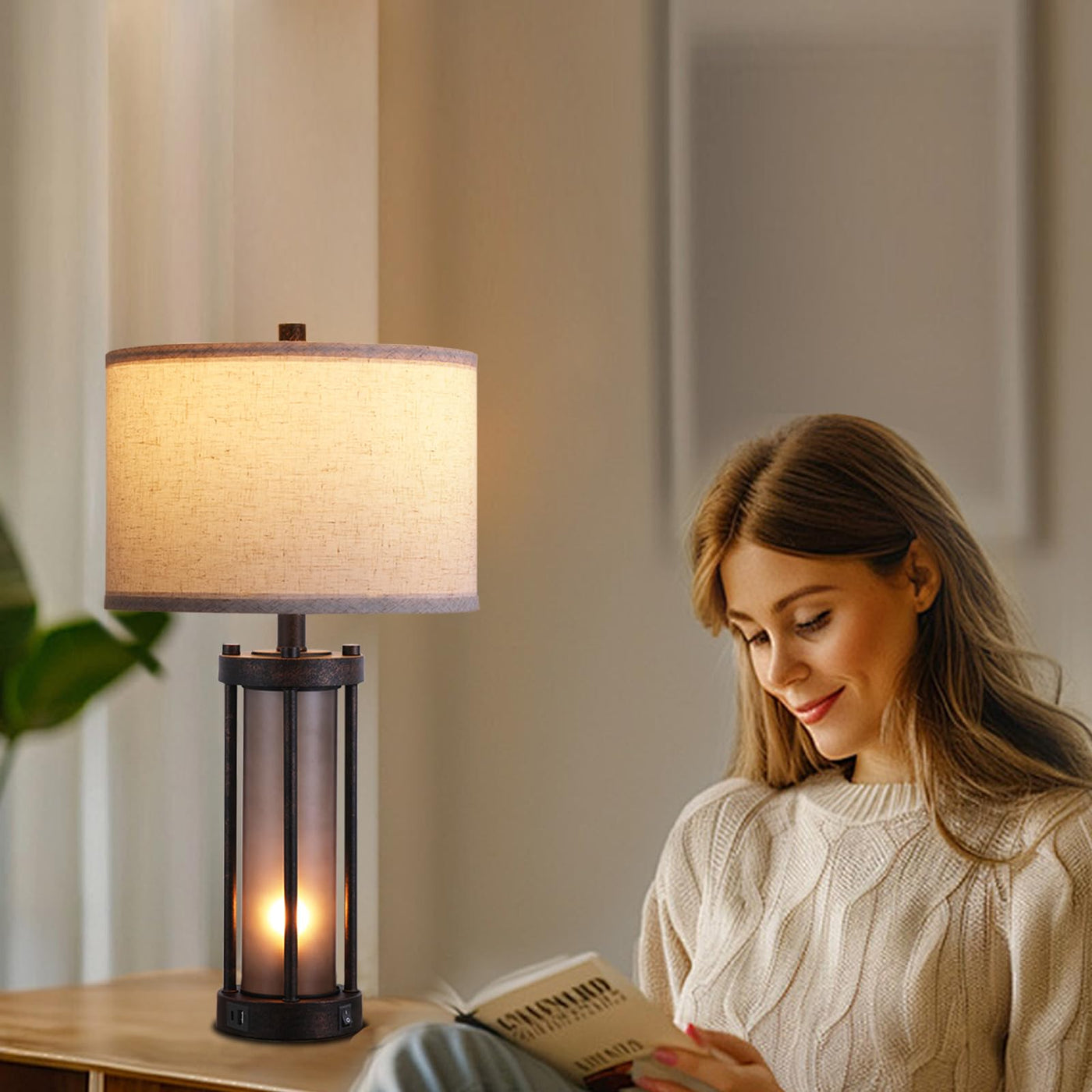 Farmhouse Table Lamps Set Of 2, Table Lamp For Living Room With 2 Usb  Ports, Vintage Rustic Nightstand Lamps With Amber Glass Nightlight, Retro  Desk 