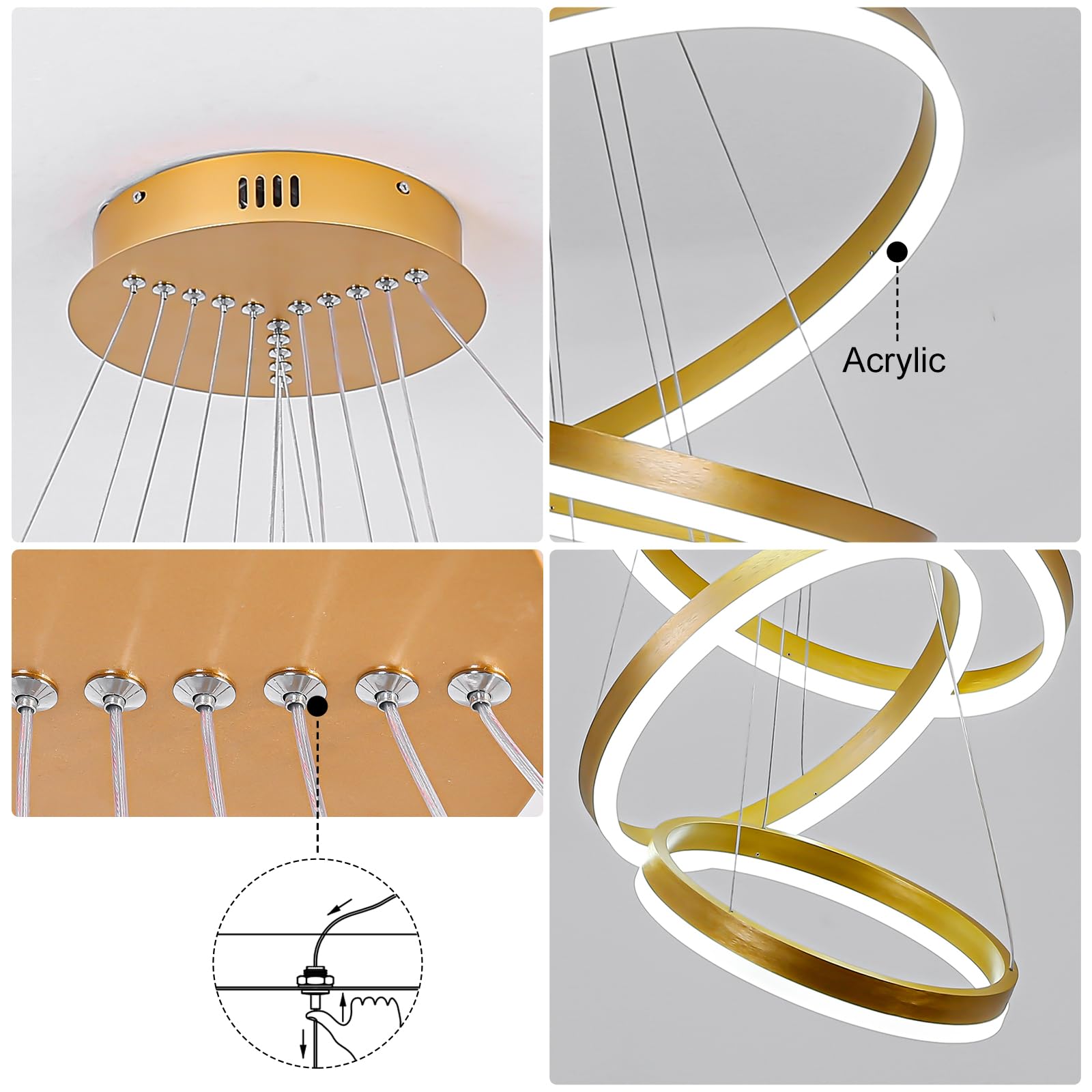 Xgzl  Lighting 5-Rings Modern Led Chandelier Gold Dimmable Chandeliers For Dining Room, High Ceiling Chandelier With Remote Cont