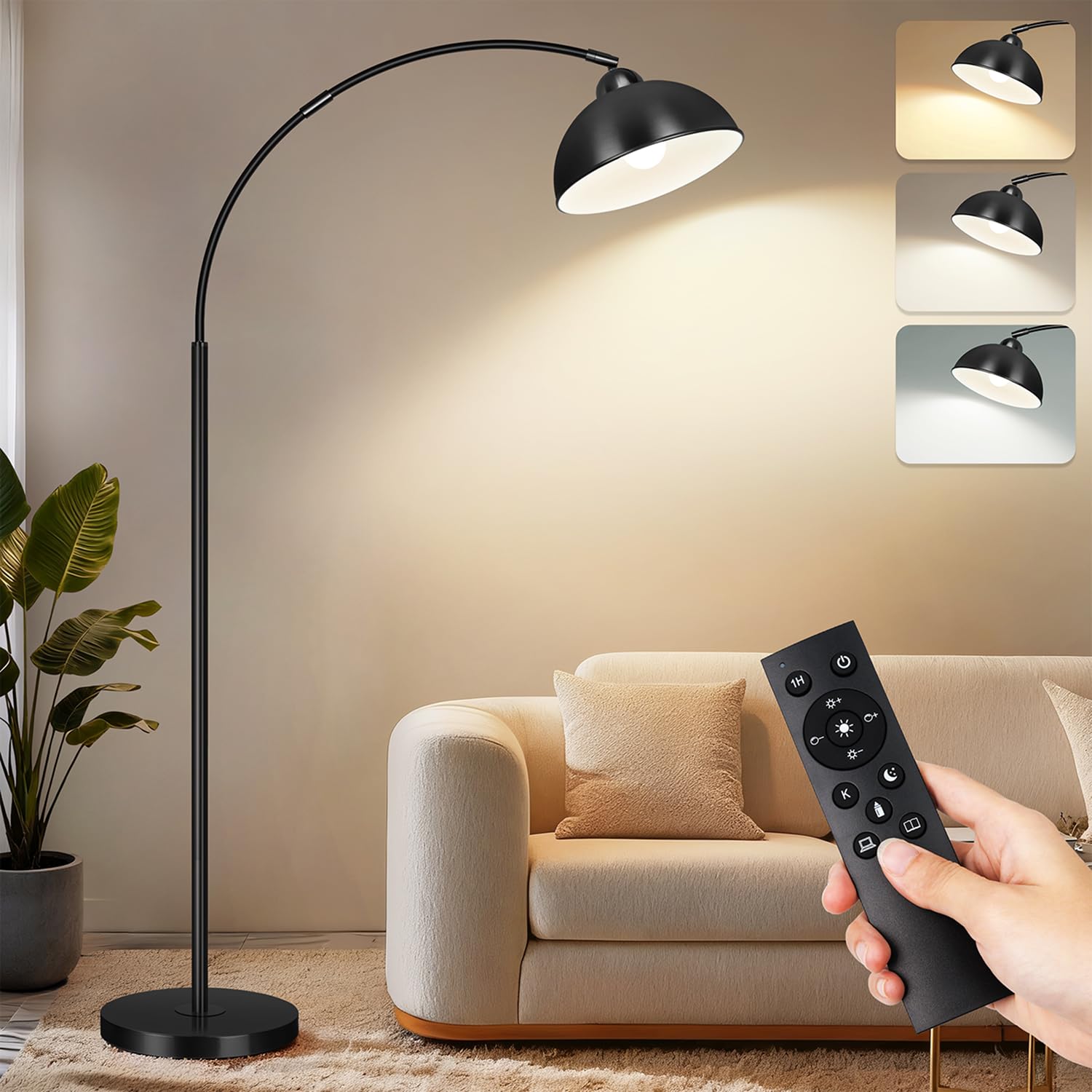 LANICHO Arc Floor Lamps for Living Room, 72 Modern Tall Lamp with Remote Control and Stepless Dimmable 9W LED Bulb, Over Couch A