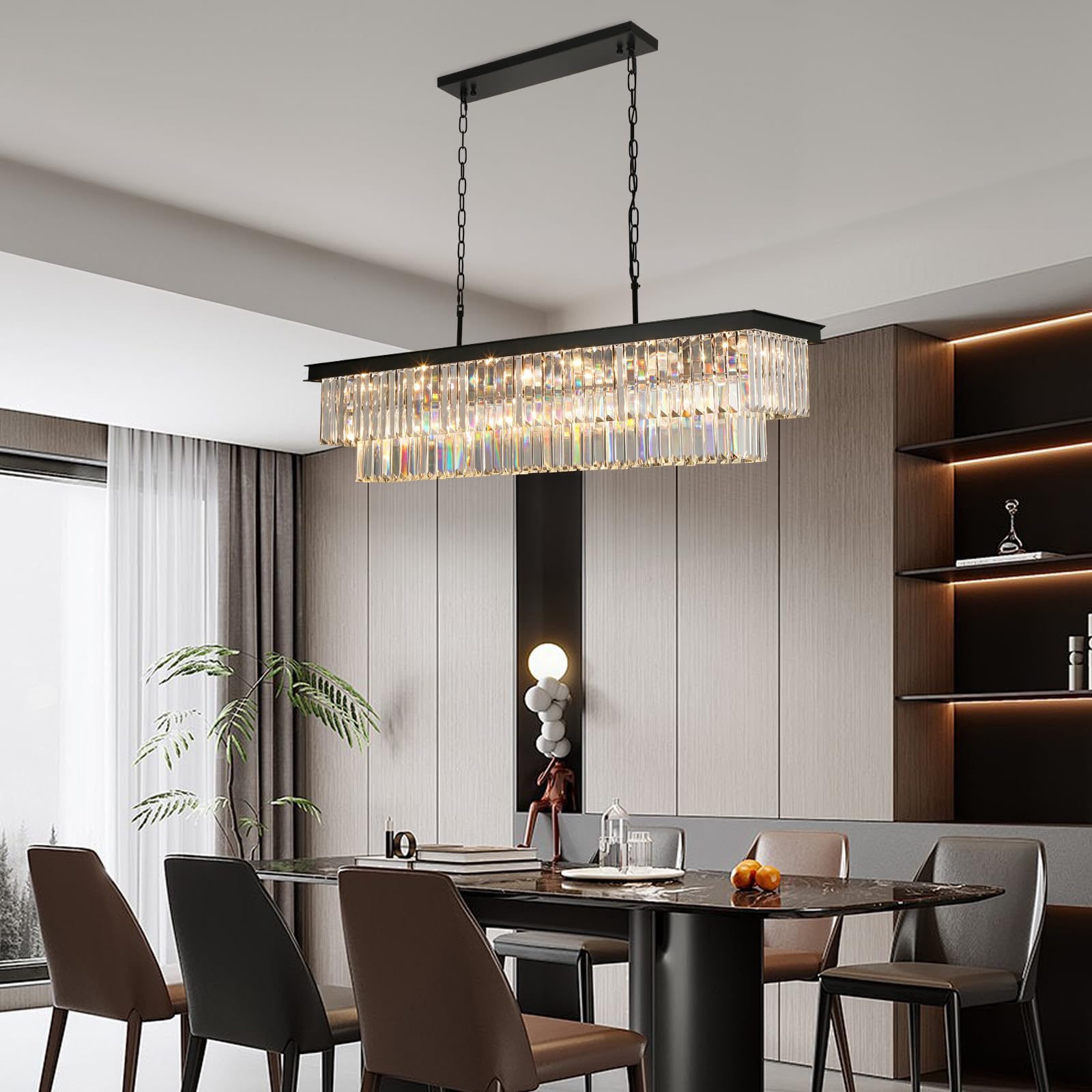 Weesalife Crystal Chandeliers, 18-Lights Black Modern Rectangle, L46", for Dining Room & Kitchen Island, Model A8828