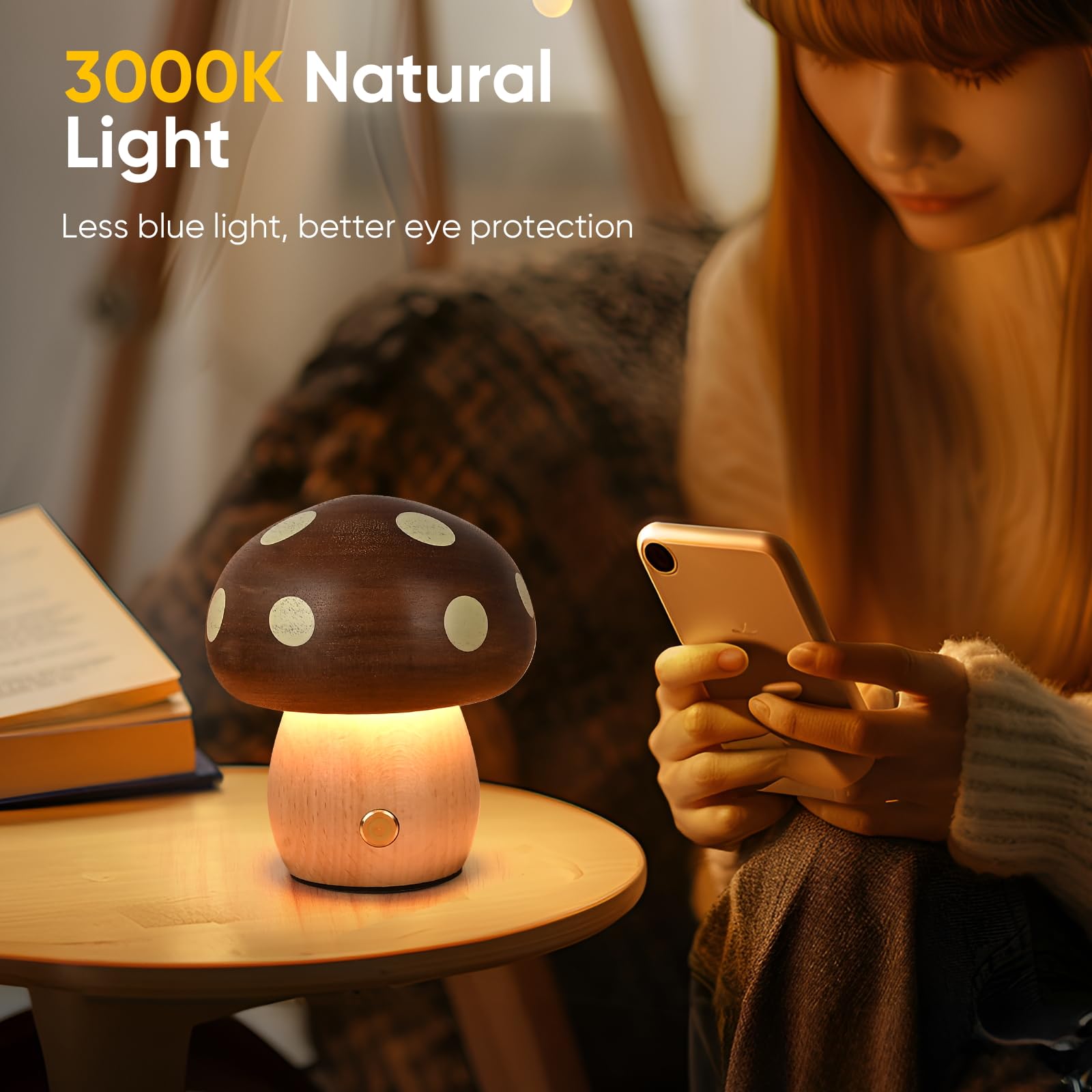 Moroommt Wood Mushroom Lamp  Rechargeable Small Bedside Lamp  Touch Mushroom Night Light Small Lamp For Nightstand  Portable Battery Operated Lights For Bedroom Kids Birthday Gifts