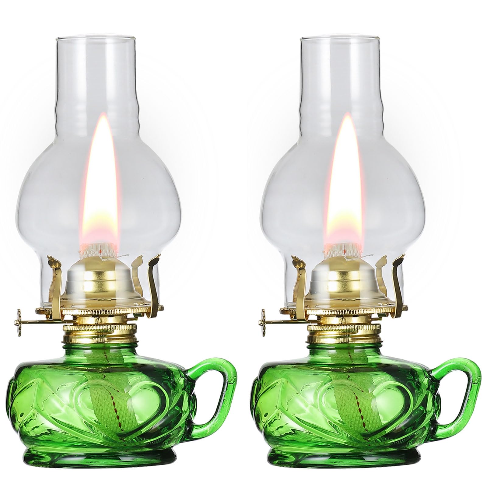 DNRVK 2 Pcs Vintage Large Oil Lamp with Handle Antique Green Glass Kerosene Lamp Lantern Chamber Oil Lamps for Indoor Use Home D