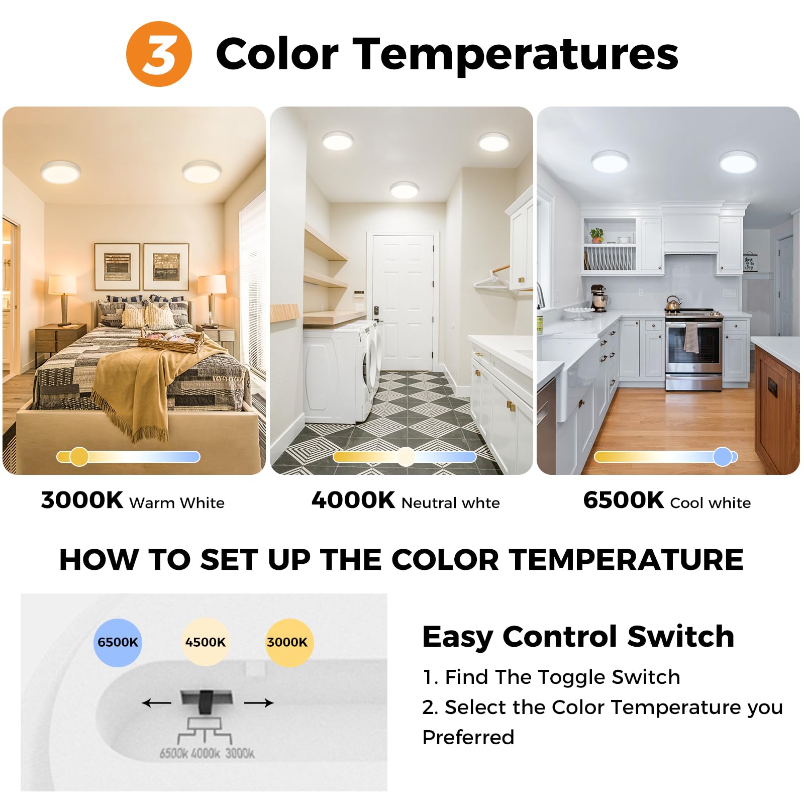 6Pack Led Flush Mount Ceiling Light, Dimmable & 100W Equivalent Super Slim Led Ceiling Light, 3000K-6500K Selectable, 12W 1500Lm