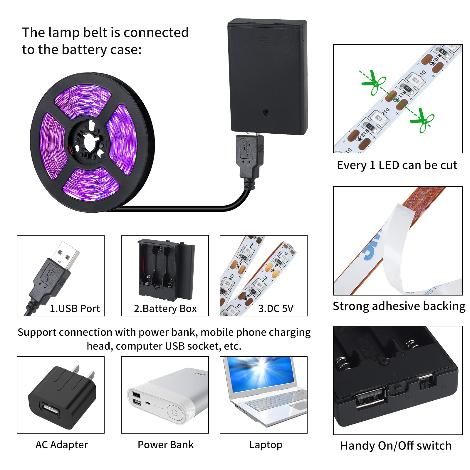 NEWREACH USB Black Light Strip, 49.2ft, 900 LEDs, 385-400nm for Glow in The Dark, Battery Operated, Blacklight, Model NR-BLS2