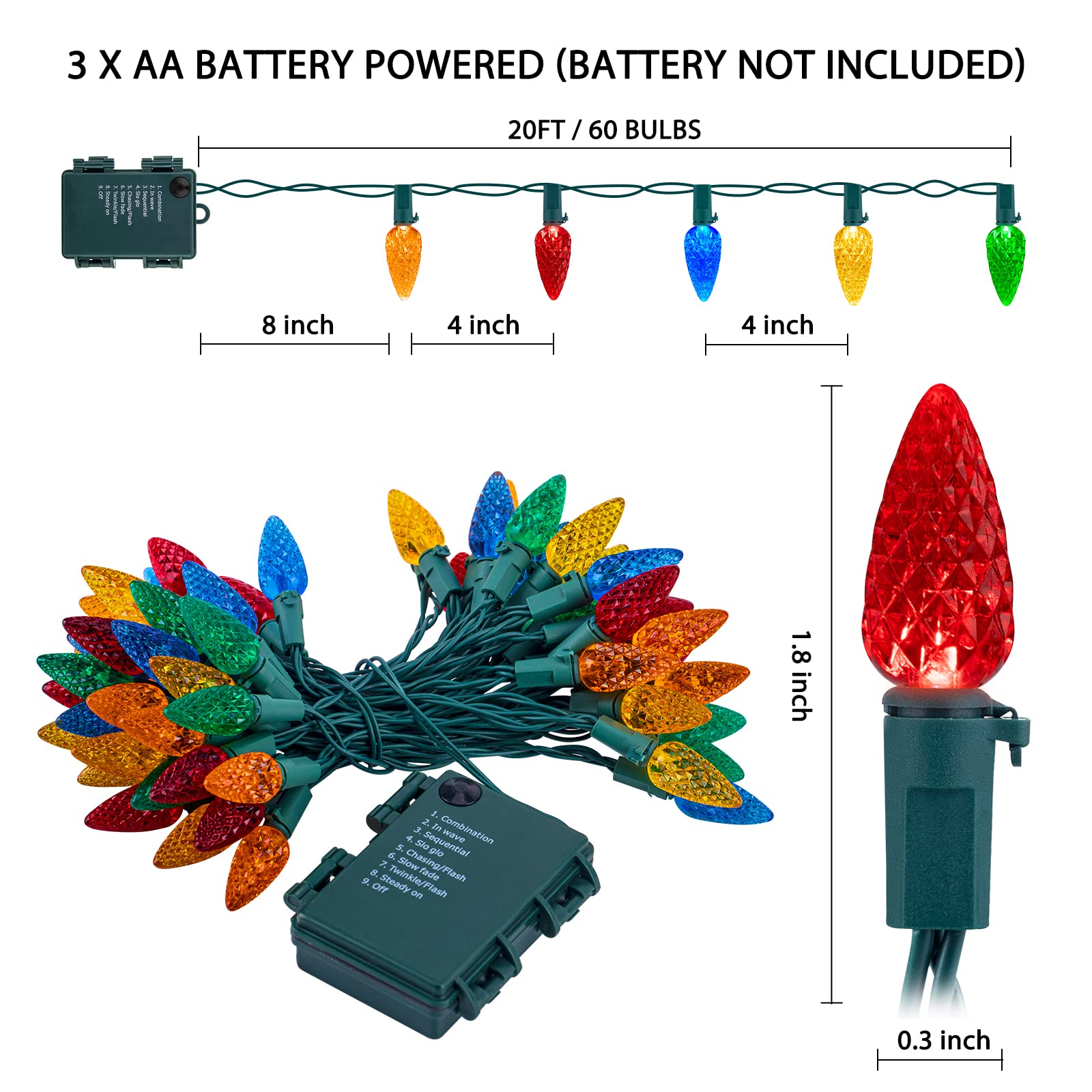 Brightown C6 LED Christmas String Lights, 20ft, 60 LEDs, Battery Operated, Multicolor, with Timer and 8 Light Modes