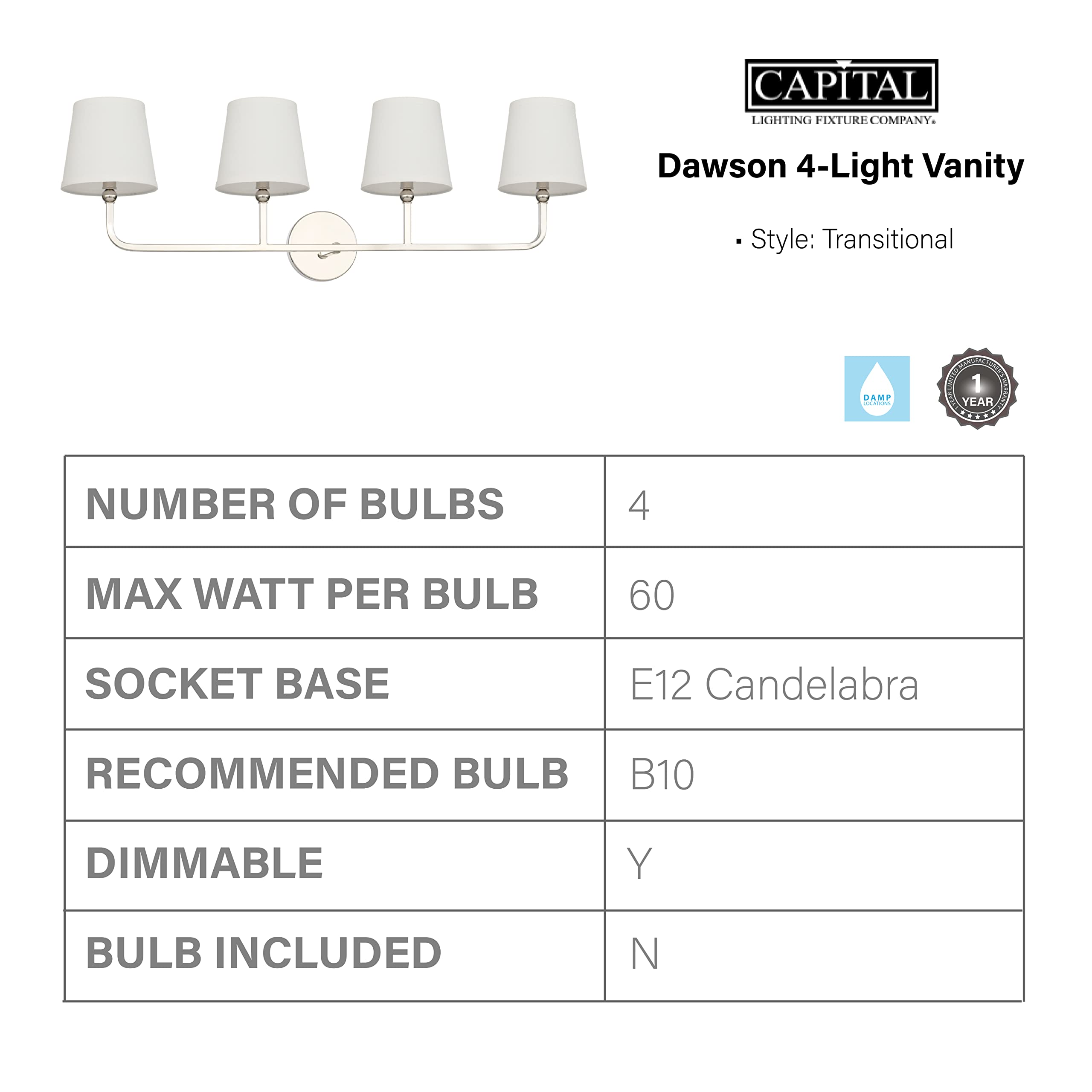 Capital Lighting Dawson 4-Light Bath Vanity Wall Mount, Polished Nickel, 12inH x 35inW, Metal & Cloth, Model 119341PN-674