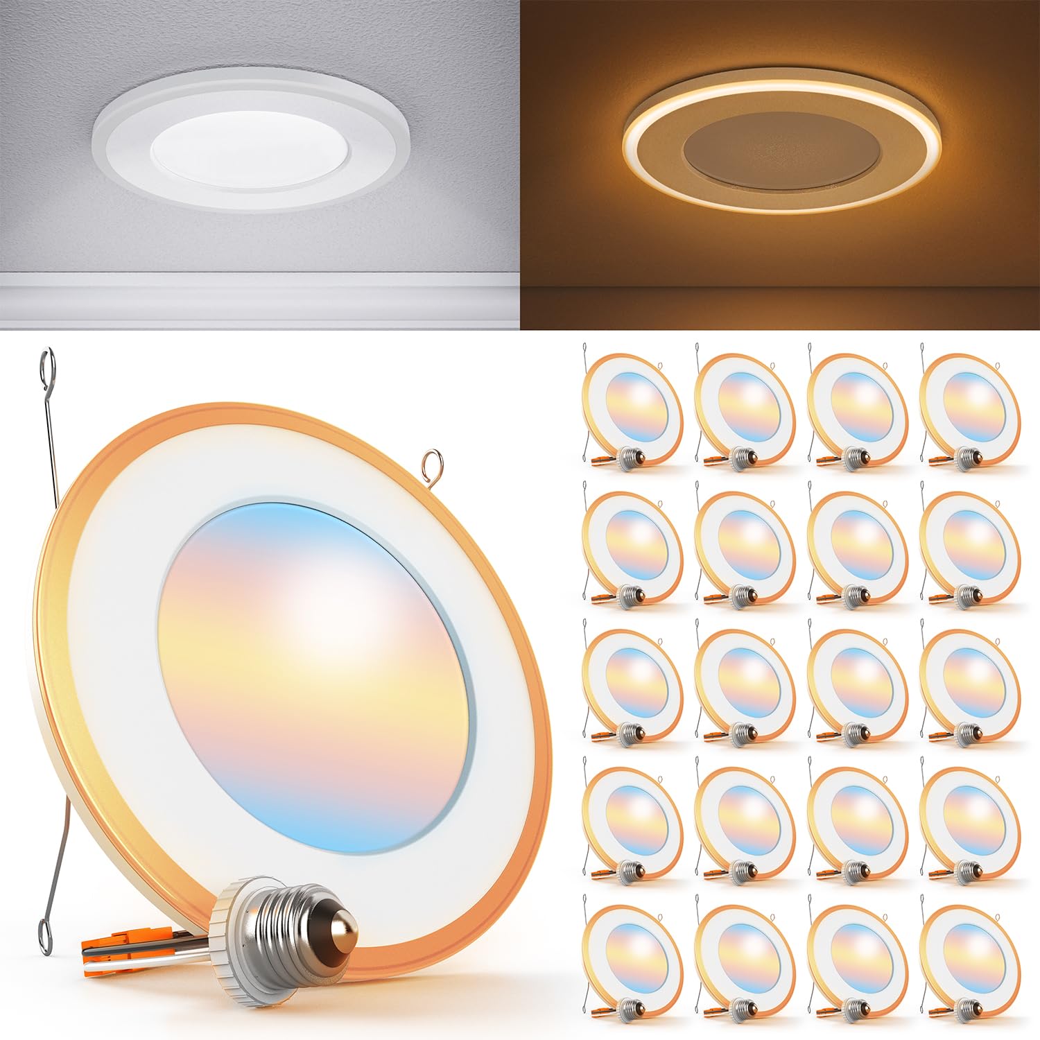 Sunco 20 Pack 6 Inch Can Lights for Ceiling LED, Flat Recessed Lighting with Night Light Retrofit Downlight, 1200 LM, 13W, Selec