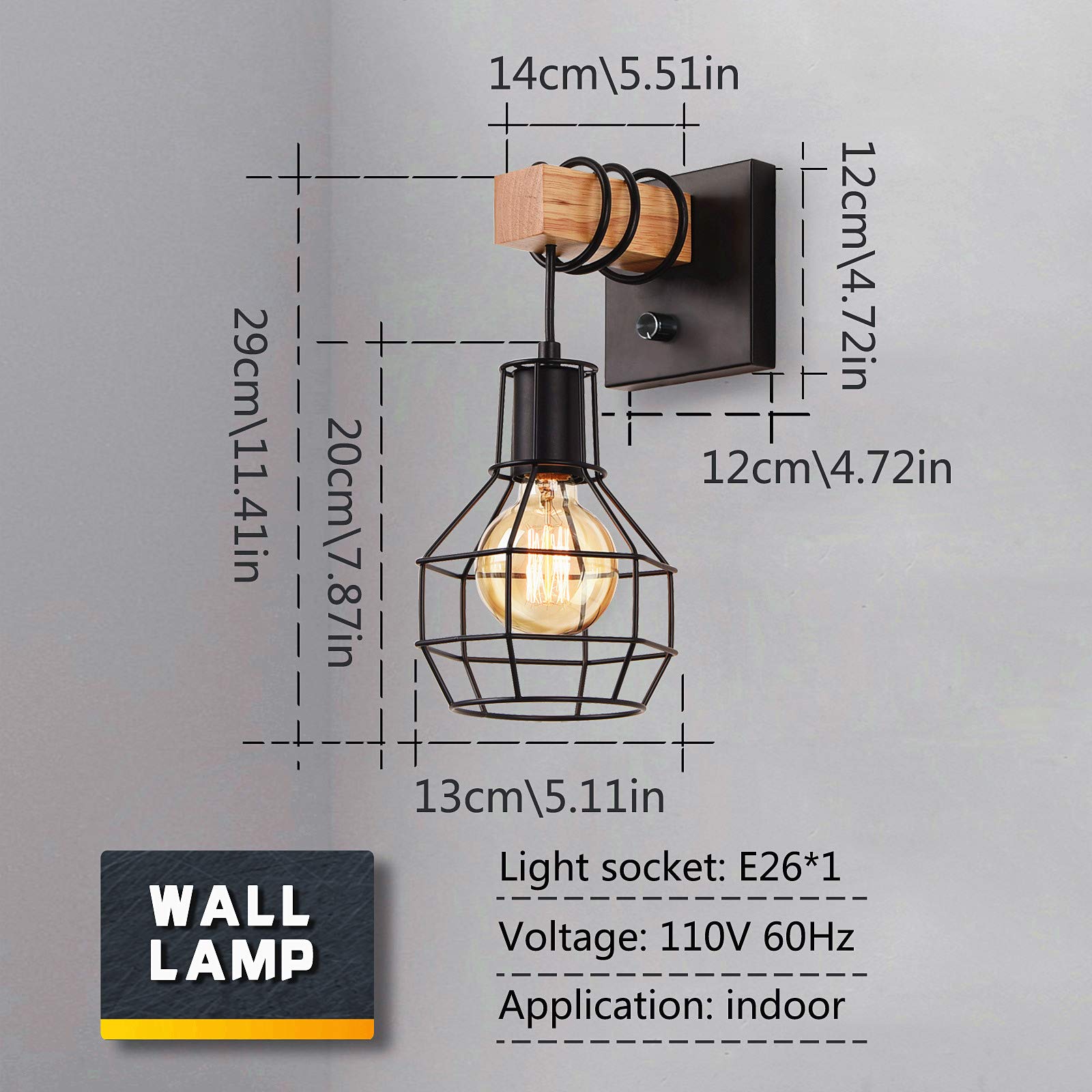 Lightess Black Wall Sconces, Industrial Cage Design, Dimmer ON/OFF Switch, Metal, Model LG9871215