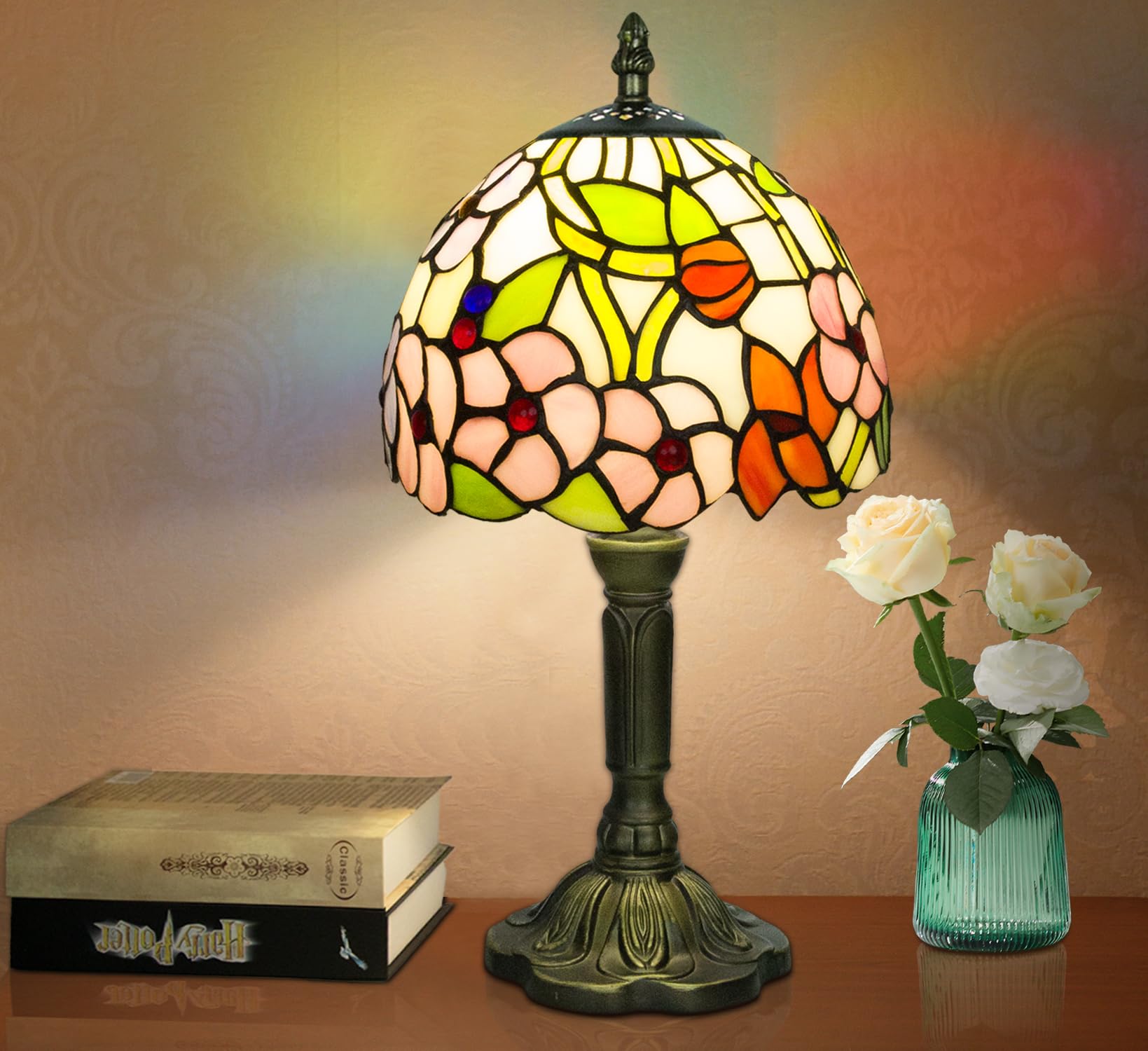 Crefotu Tiffany Style Table Lamp, 8 Inch Stained Glass, 3 Color Temperatures, Four-Leaf Flower Pattern, Model CFLP-0001