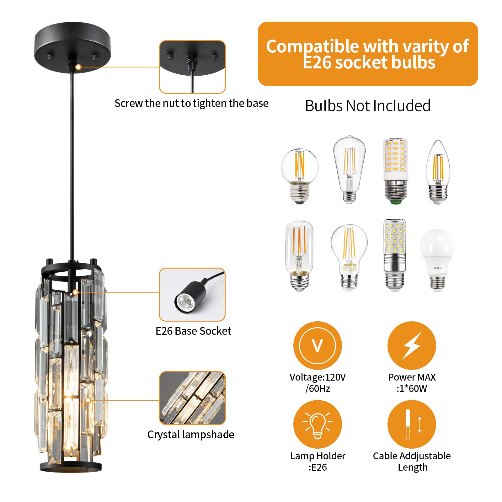 Lmqnine Black Pendant Lights, 2-Pack Mini Crystal Chandelier For Kitchen, Dining, Bedroom