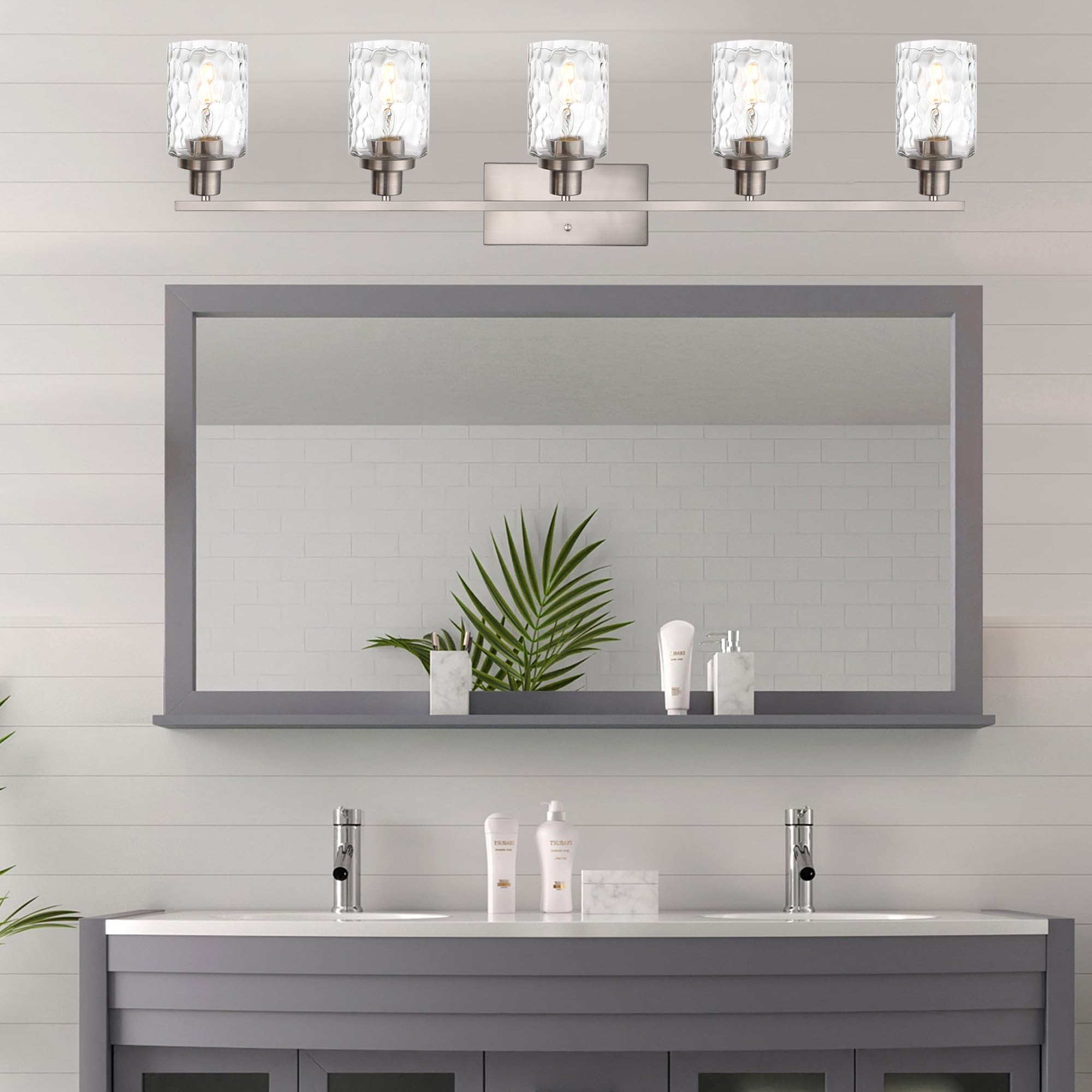 MELUCEE 5-Light Bathroom Vanity Light Fixture, Black Metal with Clear Hammered Glass Shade, Model ccdc2265-7ed4-4ea5-98d8-43e