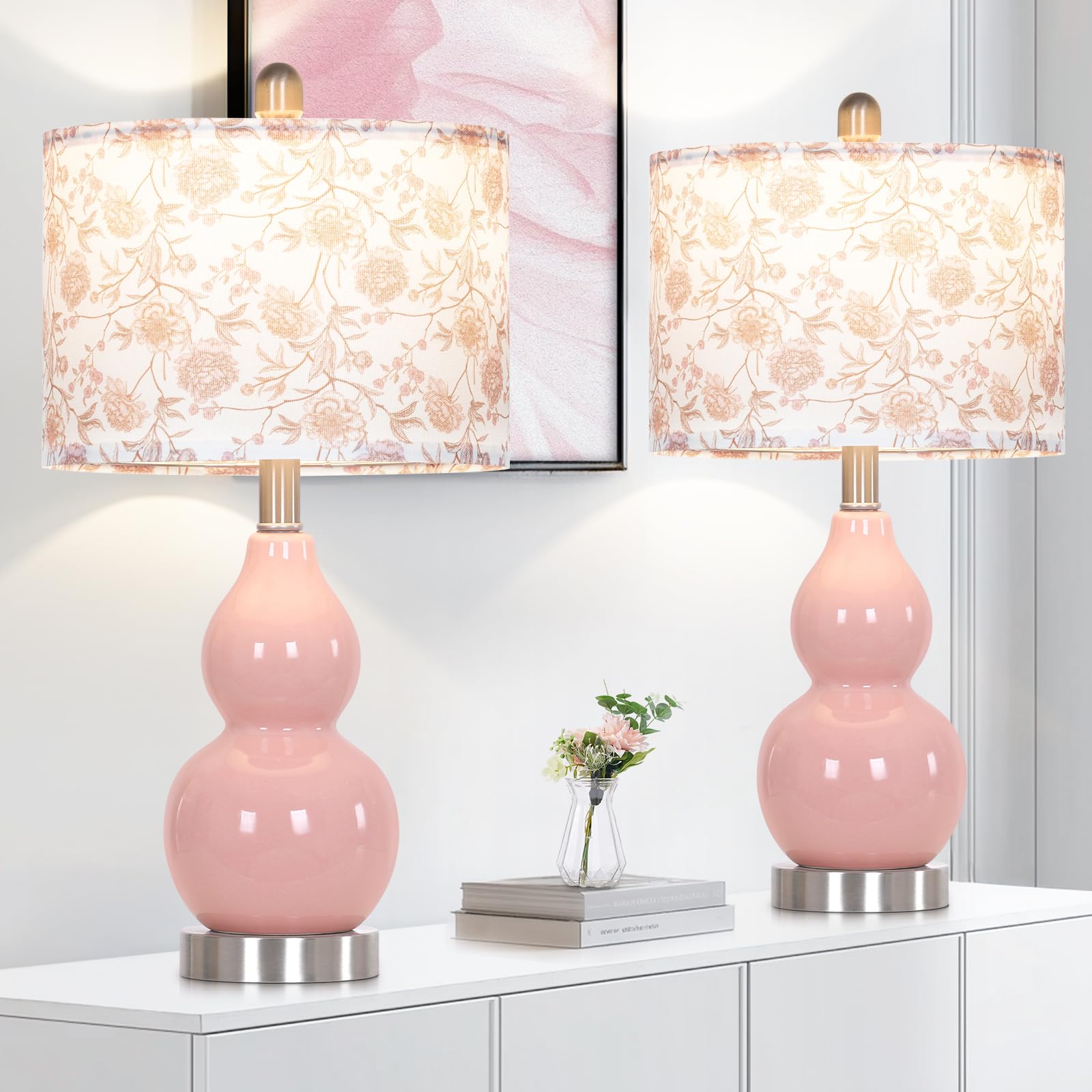 Pink Double Gourd Ceramic Lamps Set of 2 with Flower Lampshade, Modern Table Lamps for Living Room, Contemporary Nightstand Beds