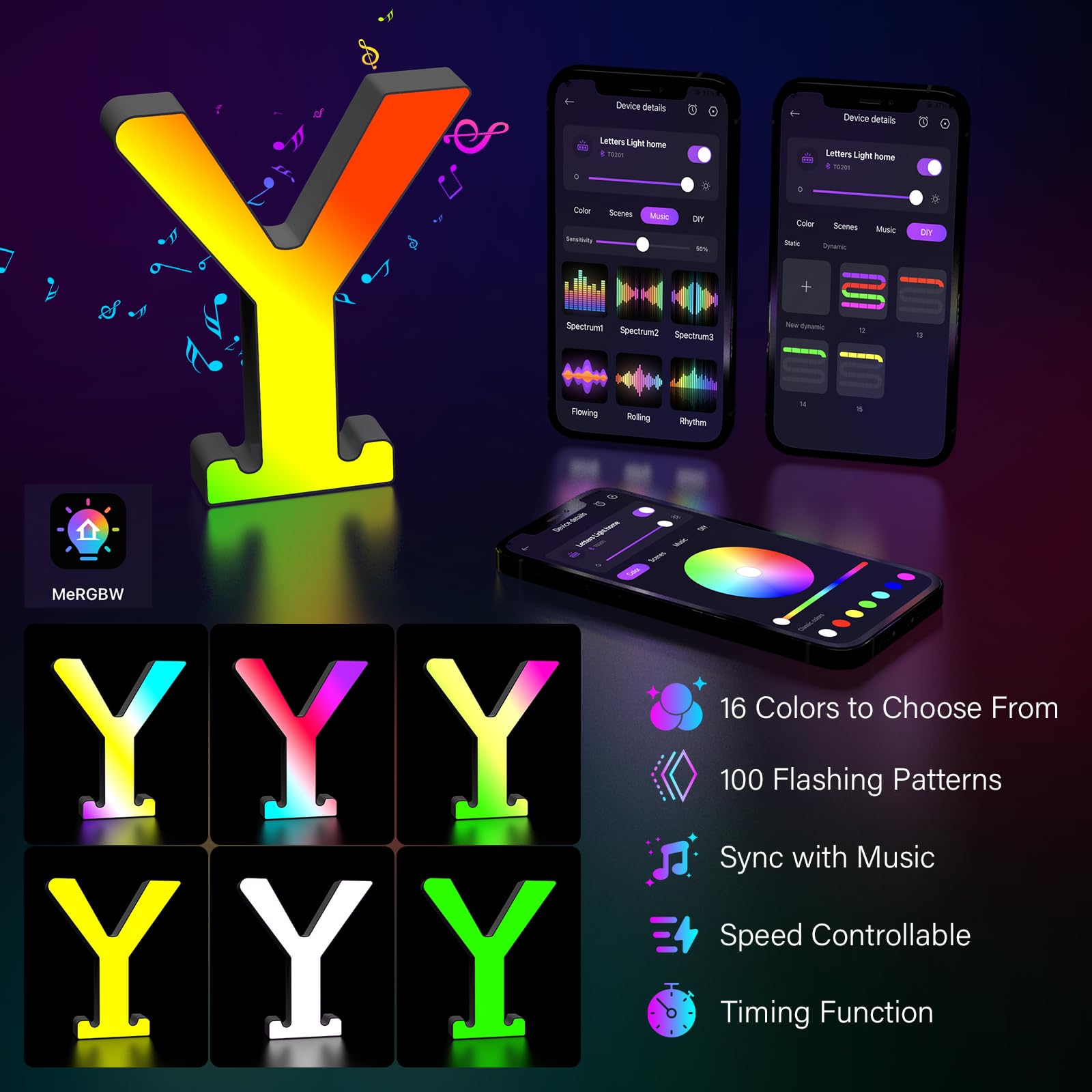 Kangtaixin LED Letter Light - Color Changing USB Powered Decor - Model G201 - Letter Y