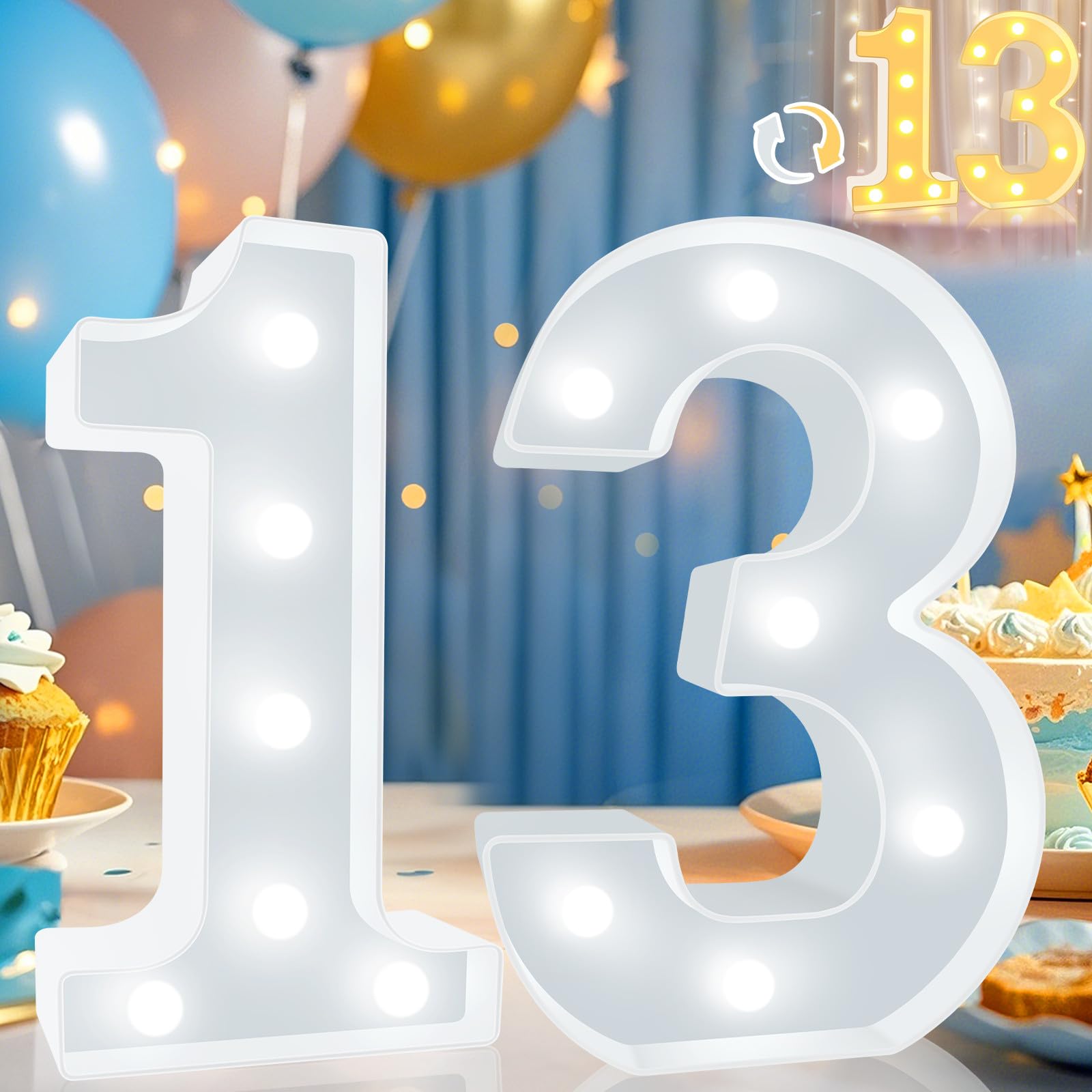 Pooqla LED Number 13 Decoration, Warm White & Cool White, Plastic Marquee Sign for 13th Birthday and Wedding Anniversary Party