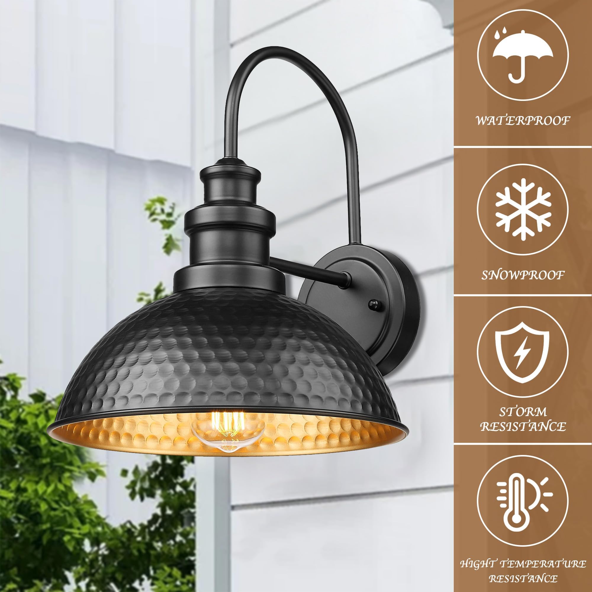 Casia Outdoor Barn Lights, Rustic Wall Sconce, 2 Pack, Black, Gooseneck Design, Model ZYW-003-CA