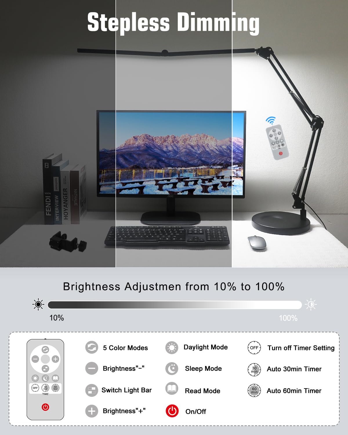 Toolour Led Desk Lamp, 2-In-1 Double Head, Dimmable, Clamp Base, Remote Control, Black