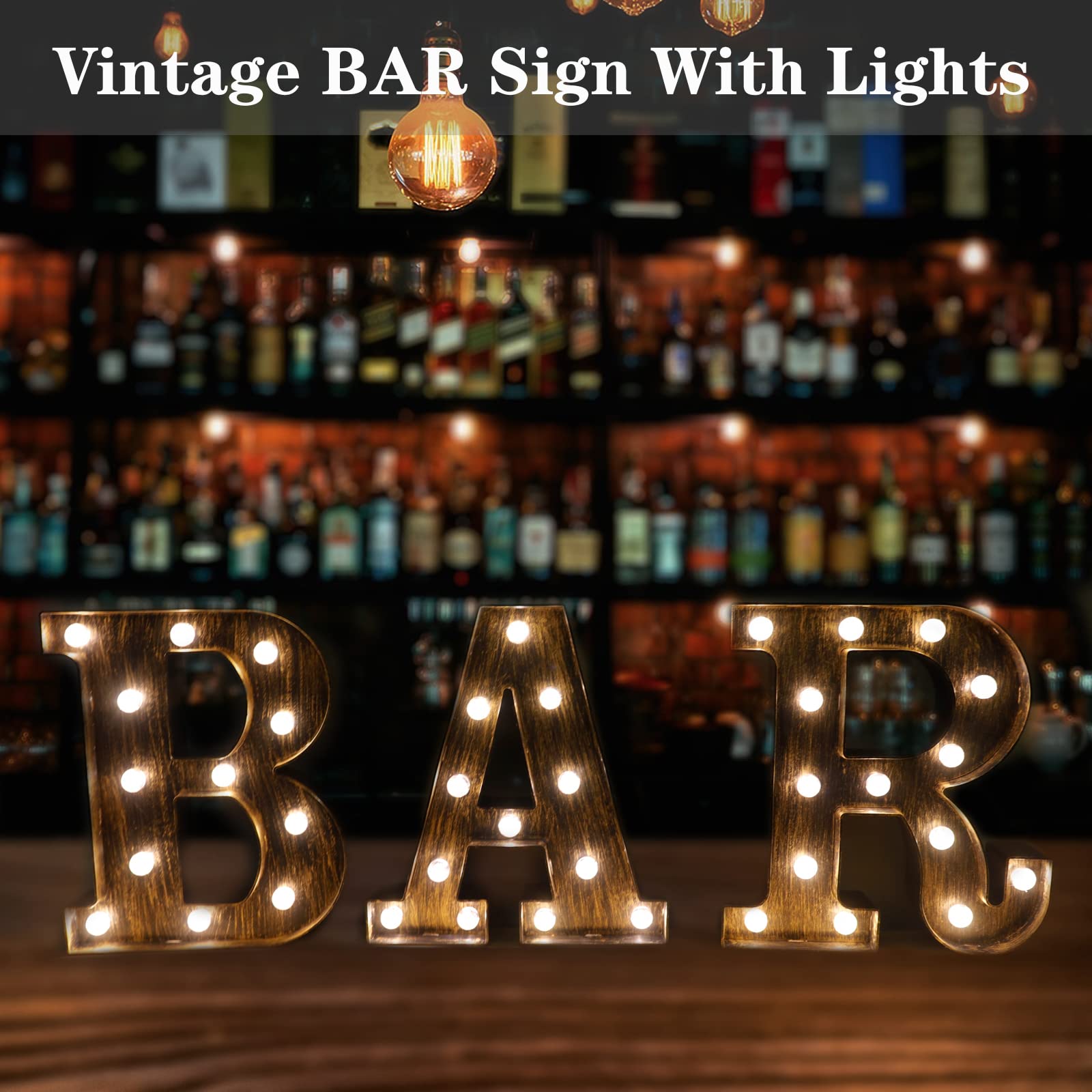 OYCBUZO LED Vintage Light Up BAR Sign - Battery Operated, Illuminated Marquee Letters - Golden Black, Model MHH077