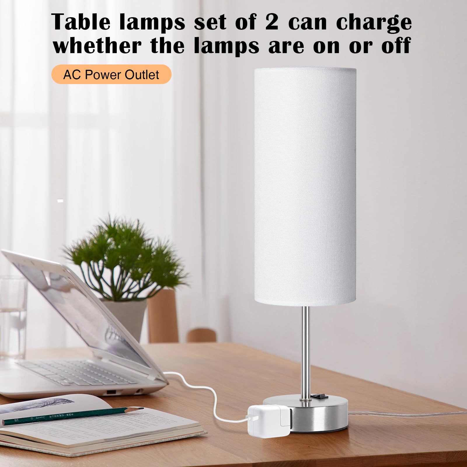 ZJOJO 2 Pack Bedside Table Lamp, 18in Dimmable with Rocker Switch, White Fabric Shade Nickel Base, Model RD-PTL6W-039
