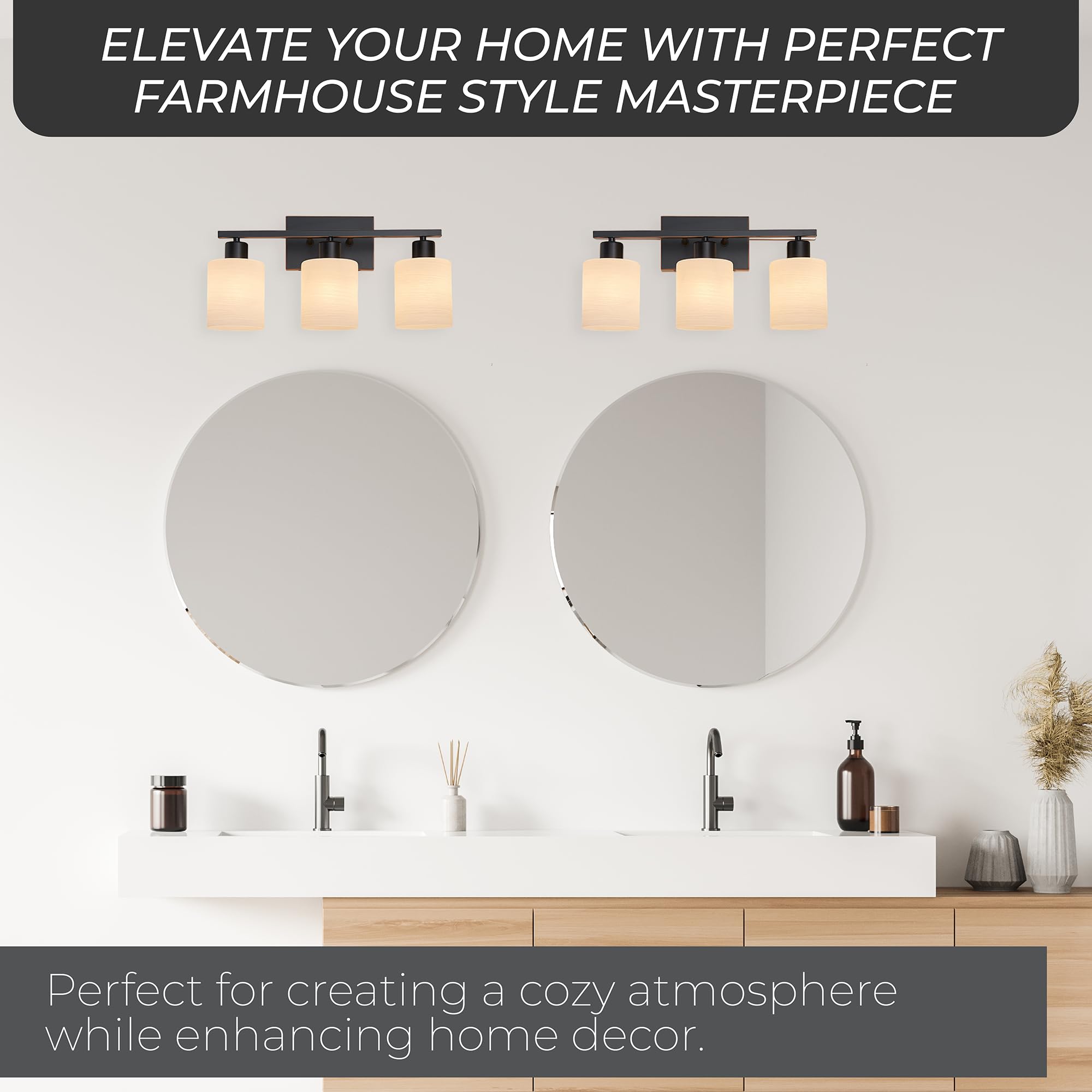 The Door Bull Modern Bathroom Vanity Light, 3 Lights, Oil-Rubbed Bronze, Stainless Steel, Milky White Glass Shades, Model VNT-1000