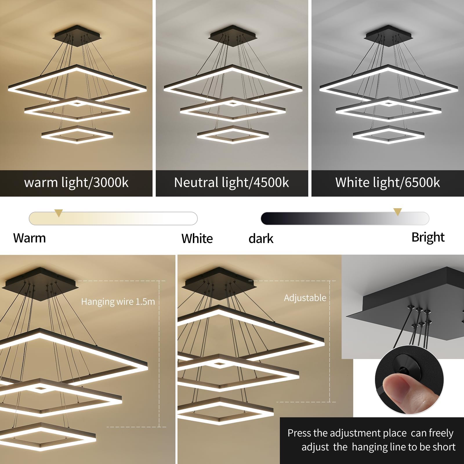 Matven Pendant Lights Ceiling Chandelier, Remote Control, Dimmable 3 Color Modes, 15.7+23.6+31.4in, Black, Acrylic Anti-Flicker Fixture
