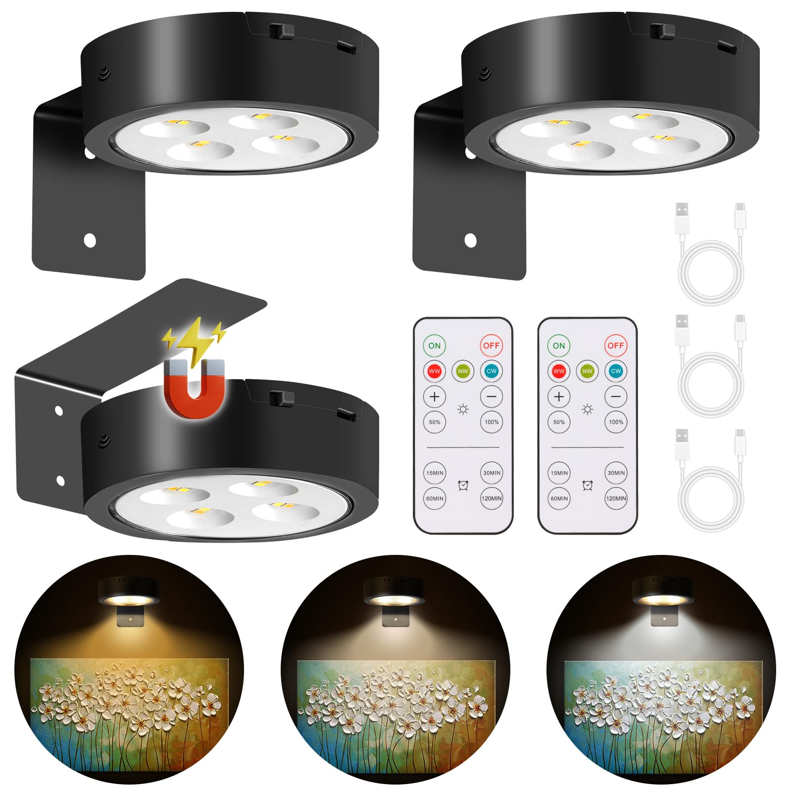 MIOBLUE 3Pack Rechargeable Battery Pictureainting Light with Remote Control Dimmable and Timer, Magnetic Art Display Puck Light 
