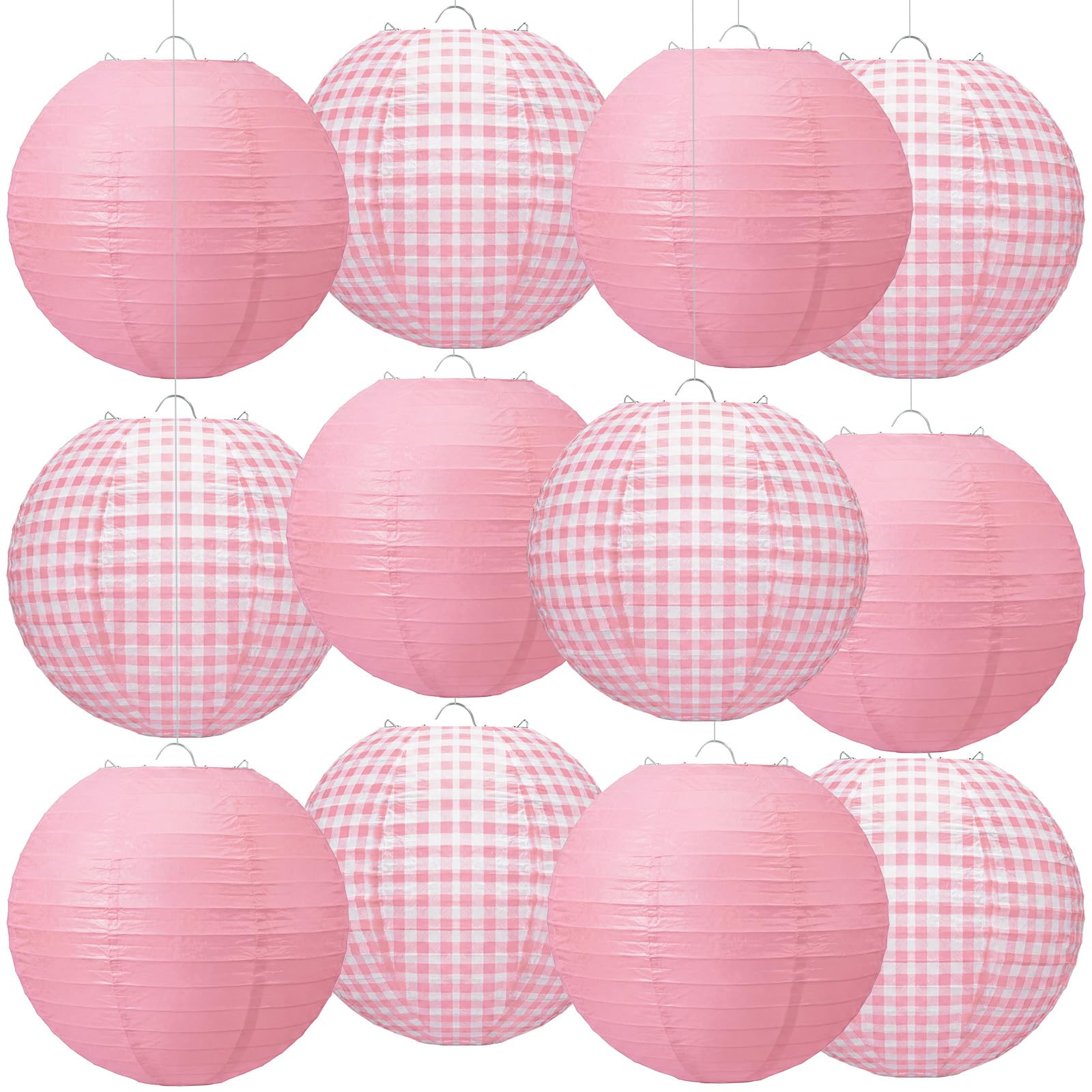 Honoson 12 Pcs Pink Gingham Paper Lanterns Decoration10 Inch White and Pink Checkered Plaid Round Chinese Hanging Lanterns for B