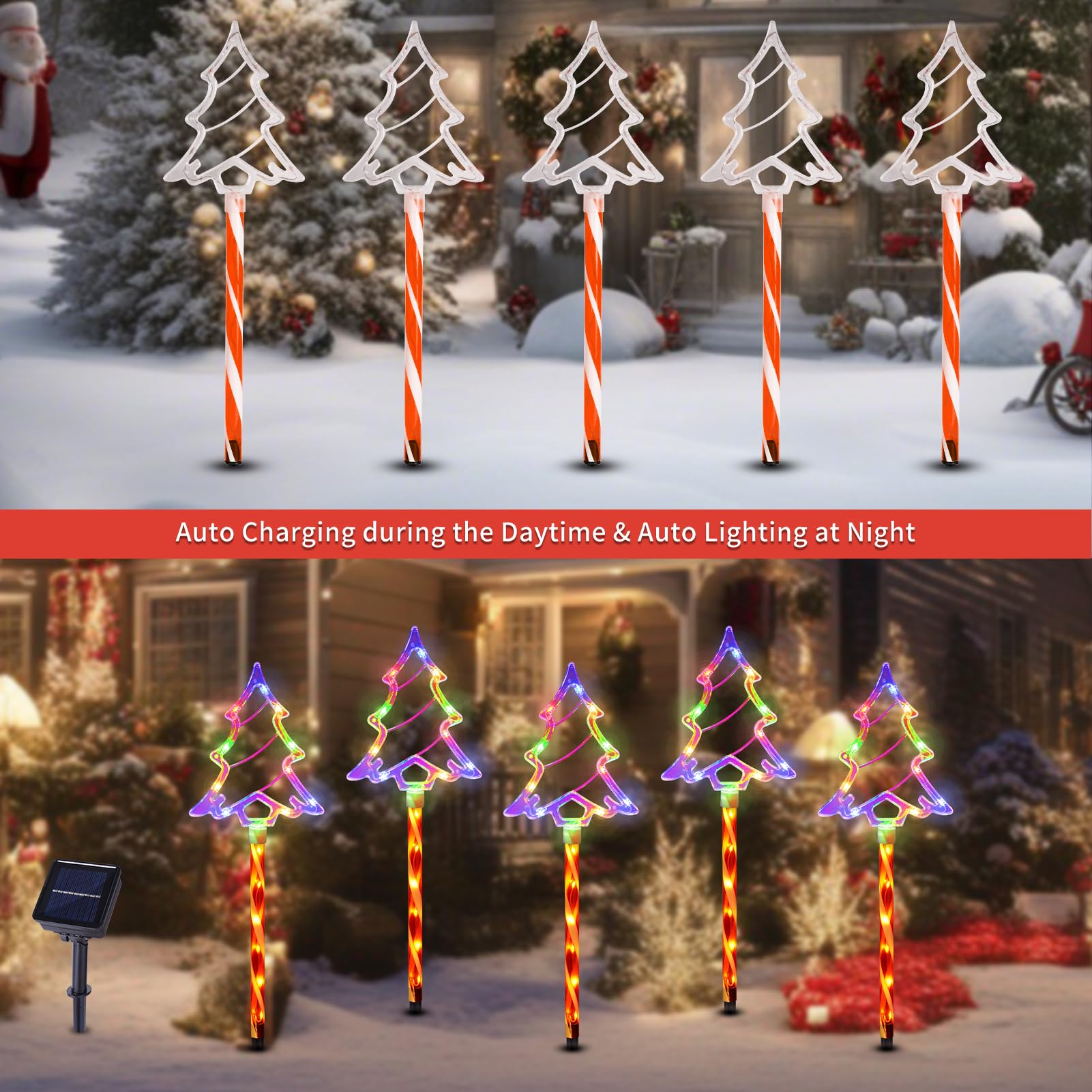 Christmas Solar Pathway Lights Outdoor Decorations  8 Modes Xmas Tree Candy Lights Waterproof Led Garden Stake Light For Walkway Yard Lawn Porch Holiday Decor 5-Pack (Multicolor Tree  10 Pack)