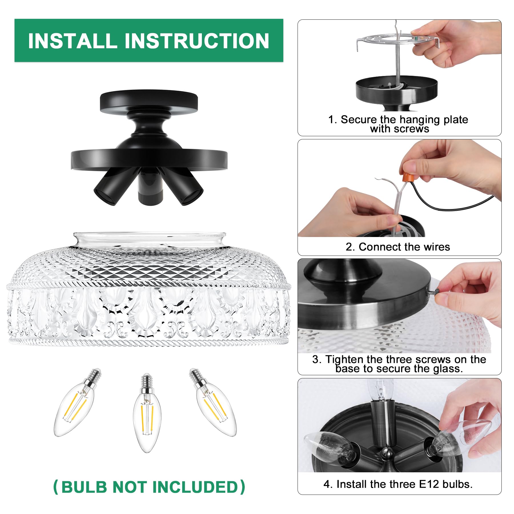 Lamomo Semi Flush Mount Ceiling Light, Upgraded Larger Black Hallway Light Fixture, 3-Bulb Globe Glass Close To Ceiling Light, I