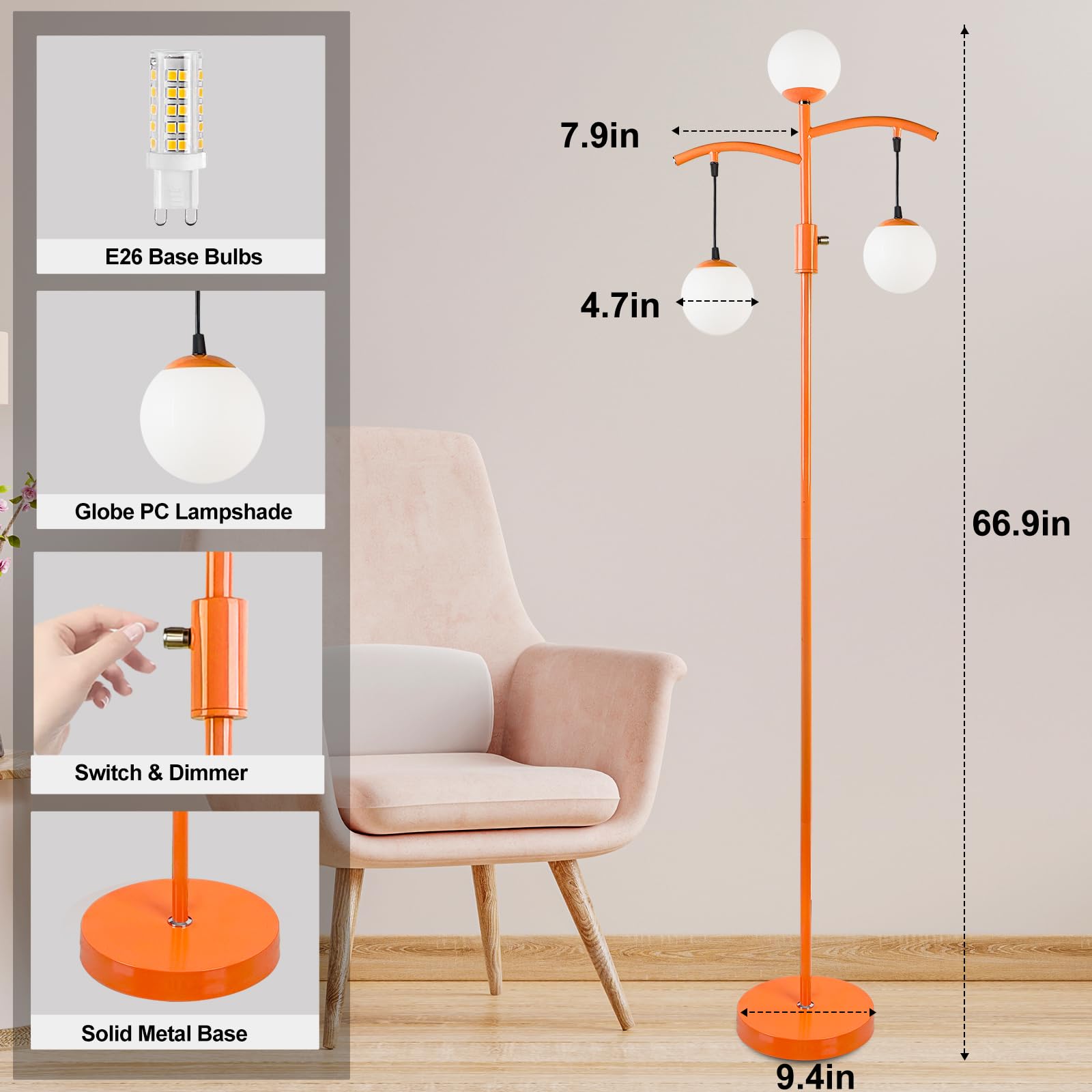 Lightdot 67In Tree Floor Lamp With Globe Lamp Shade, Dimmable (Brightness Adjustable), Vintage Tree Floor Lamp With E26 Led Edis