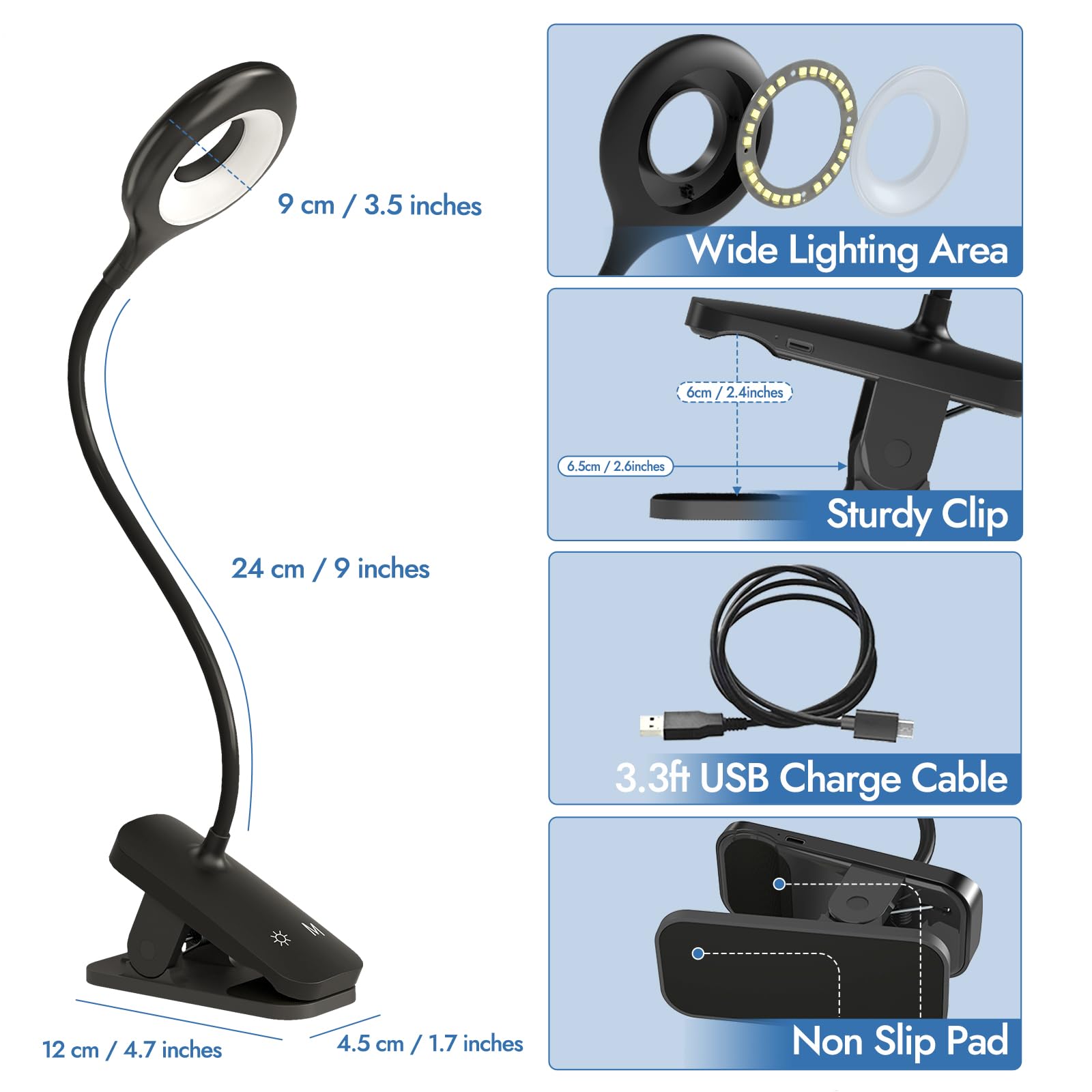 CUHIOY Book Reading Light, Dimmable Clip-On, 3 Colors & Brightness Levels, Flexible Arm, Round Head, Black, Model PH500
