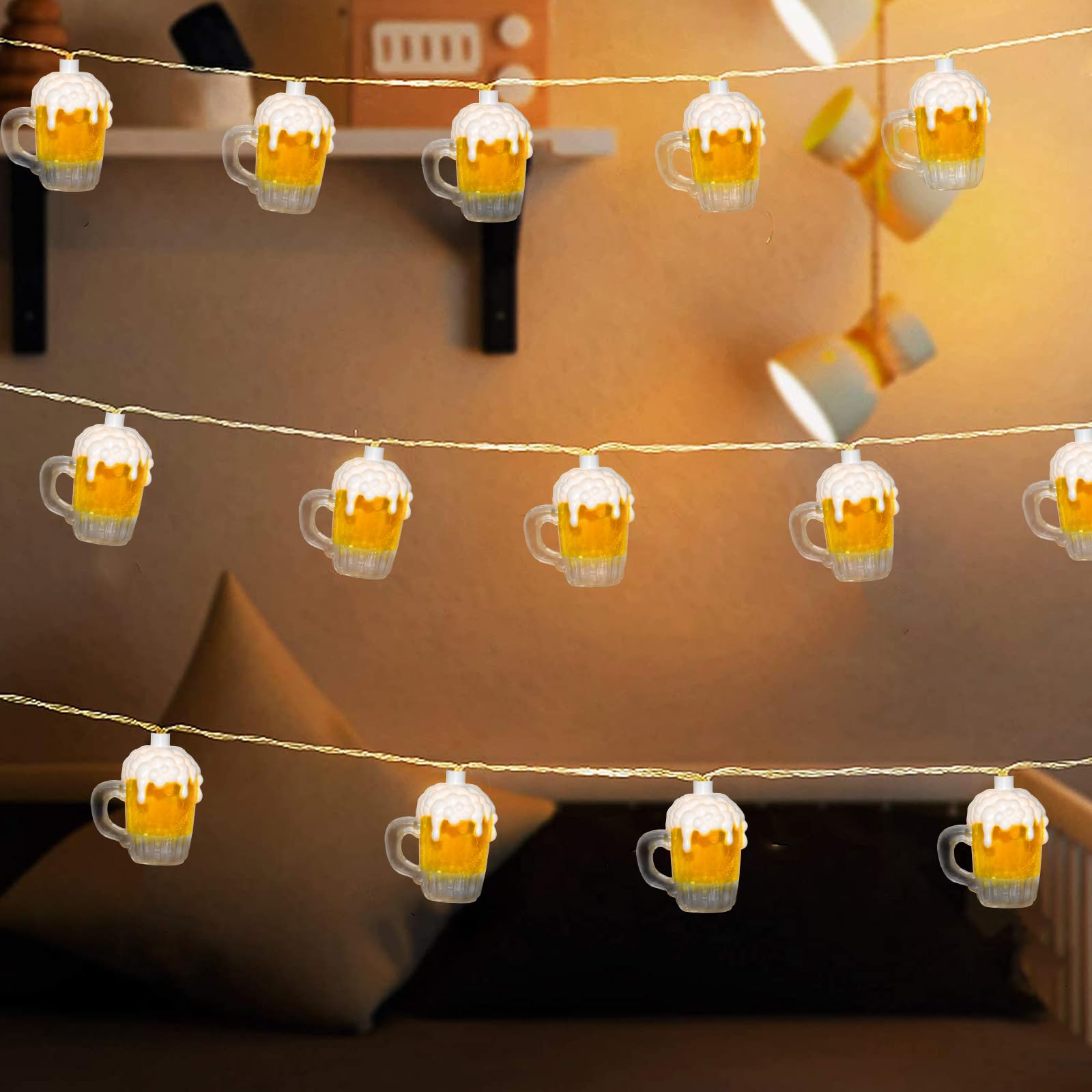 8.5Ft St Patrick'S Day Decor Beer String Lights, Summer Club Beer Mug String Lights With 14 3D Waterproof Beer Lights(4 Spare), Party Decor Beer Lights For Bar Birthday Indoor