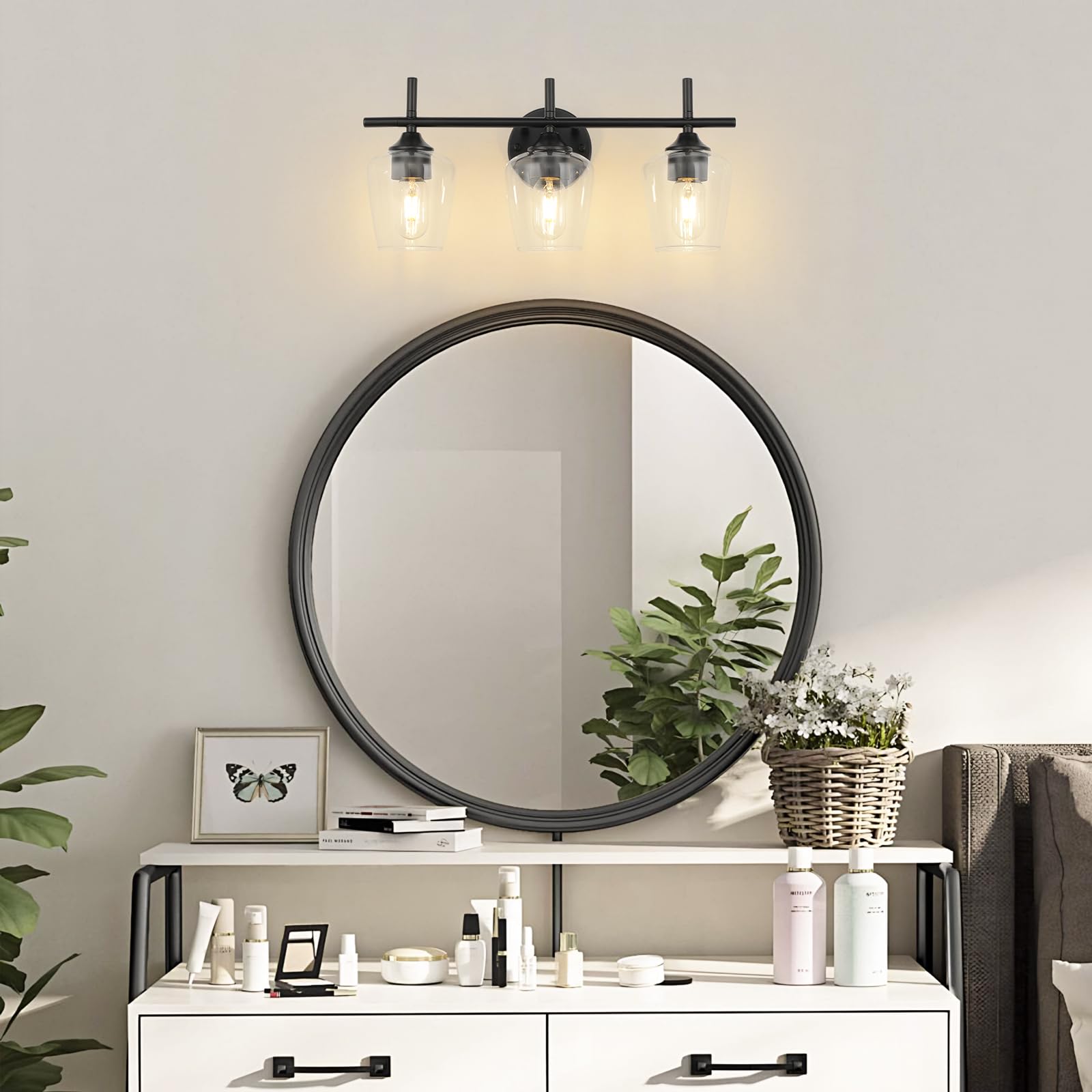 foucasal Bathroom Vanity Light Fixtures, 3-Light Black Metal Lighting, Modern Design with Clear Glass Shade, Model ULB0046H