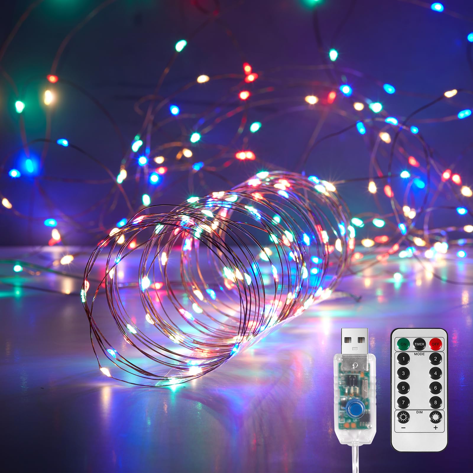 Ariceleo 1 Pack 32. 8 ft. USB Powered Fairy Lights with Remote & Timer, 100 LED USB Twinkle String Lights - Silver Wire, 8 Modes, Waterproof, Multi Color Starry Lights for Party, Wedding, Christmas