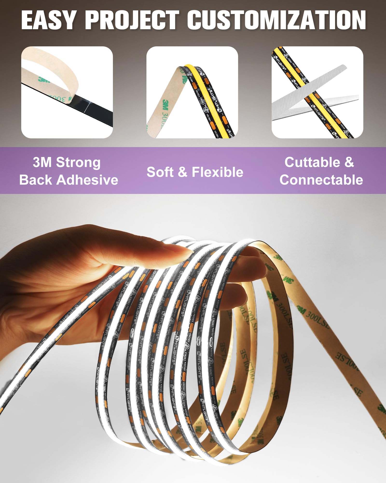 Hitlights White Led Strip Lights 5000K  16.4Ft enhanced 12V Cob Tape Light High Density  2400 Leds  305+ Lm/Ft  Cri 90+  Ip30  Lighting For Kitchen  Cabinets  Ul Listed (Power Source Not Included)