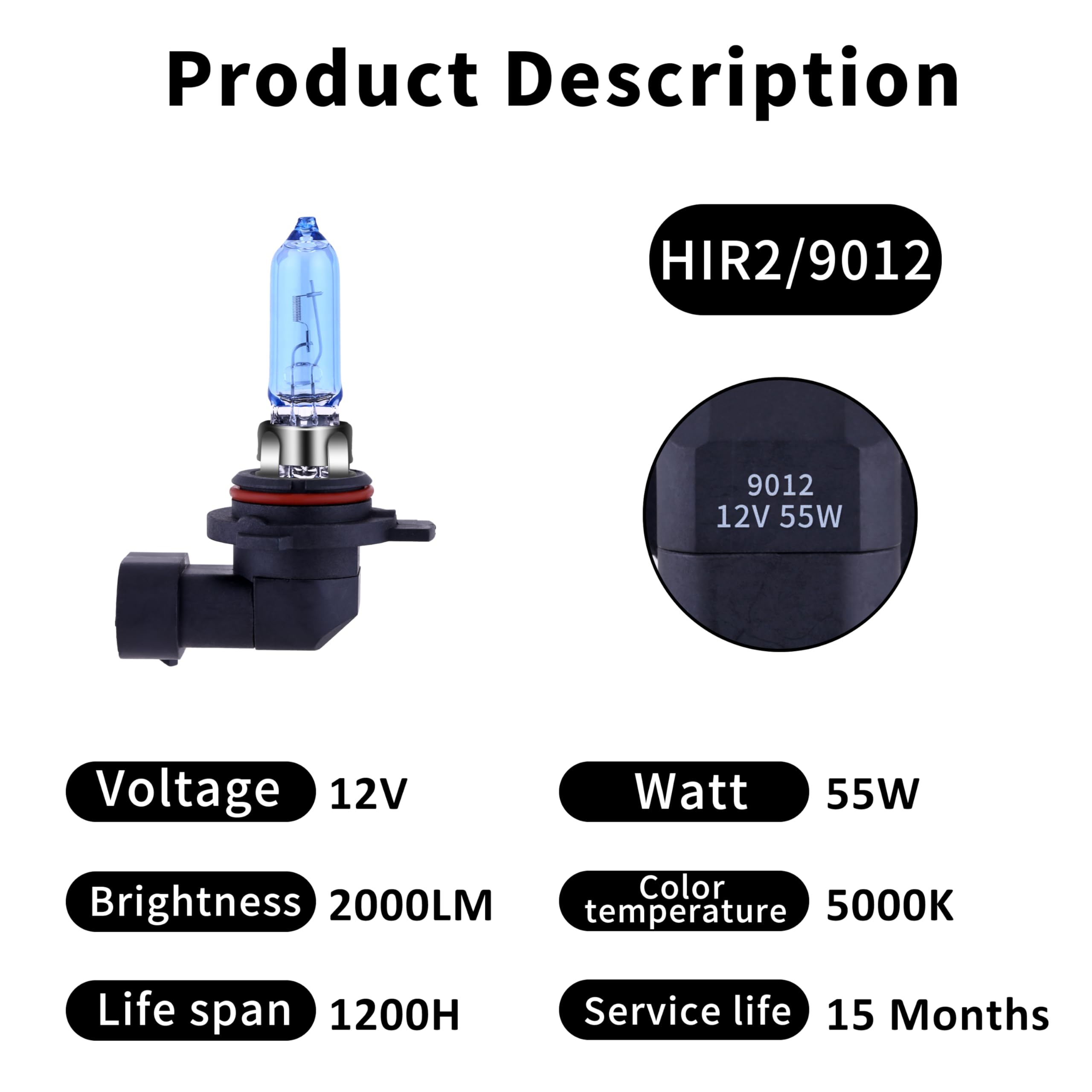 NEWBROWN Halogen Headlight Bulb 9012 HIR2 5000K Super White Light 12V/55W, 4 Pack