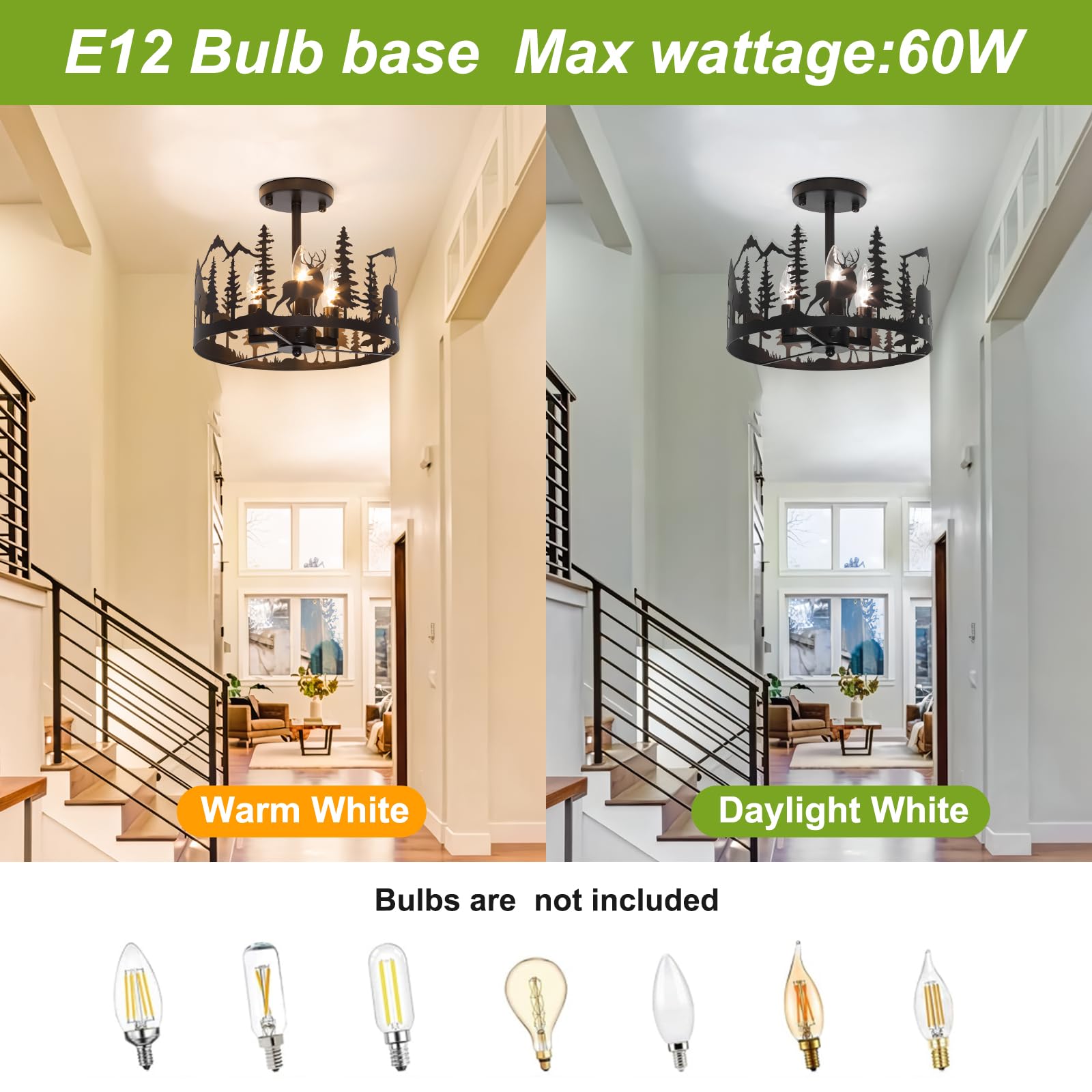 Monaxon Rustic Farmhouse 3-Light Semi-Flush Mount Ceiling Light, Black Metal, Industrial Style