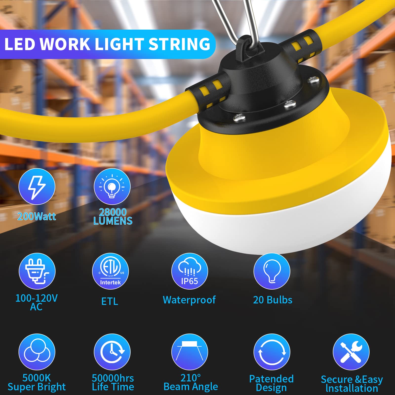 Muasdae 200FT LED Construction String Lights - Industrial Grade, Yellow, 2-Prong, Ideal for Outdoor Lighting & Renovation Projects