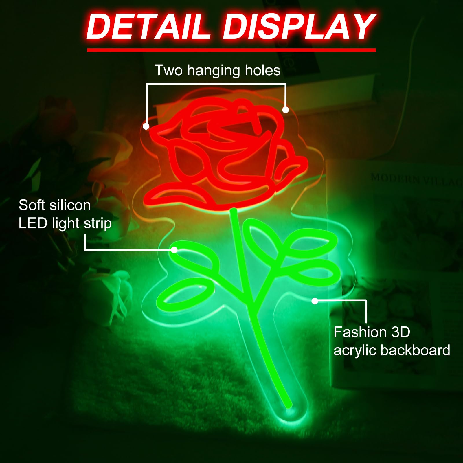 DMDMBSR LED Neon Light Sign - Red Rose Flowers, USB Dimmer, Acrylic Back Panel, 15.7inx9.1in, Home Decor, Party, Wedding, Night Lamp