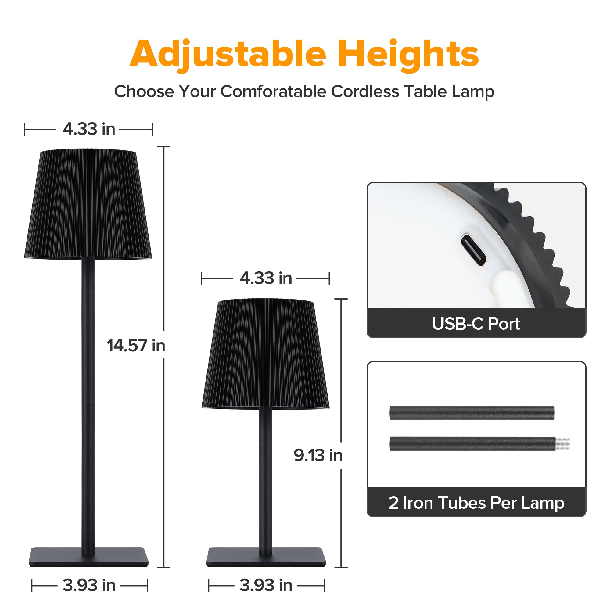 LUTEC Cordless Table Lamp, 6000mAh Rechargeable, Waterproof, Touch Control, 14.57inch, Black, Model 850330-2pcs