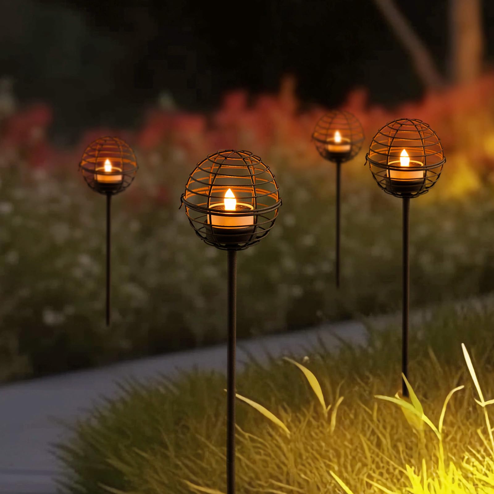 Solar Pathway Lights Outdoor, Rust Iron Ball Candle Holder Stake with Flickering Solar Powered Tea Lights, Perfect Decorative Ga